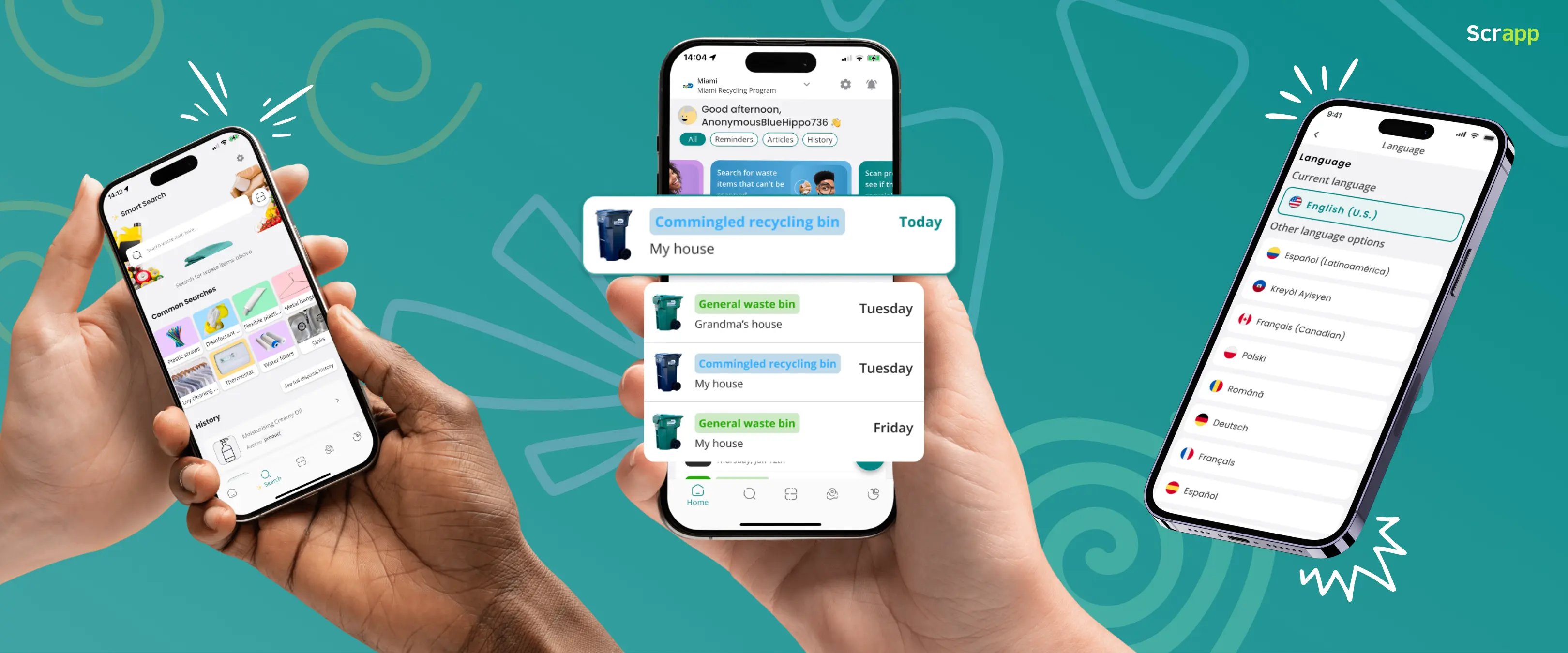A picture of 3 screenshots of the scrapp mobile app covering the search feature, bin notifications and language translations.