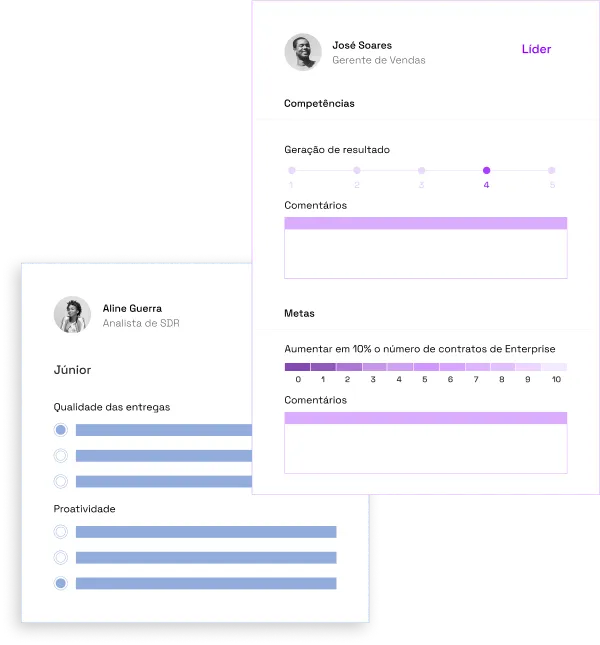 Cards de criação de avaliação de desempenho, mostrando a possibilidade da criação de avaliações personalizadas de acordo com o contexto da sua empresa