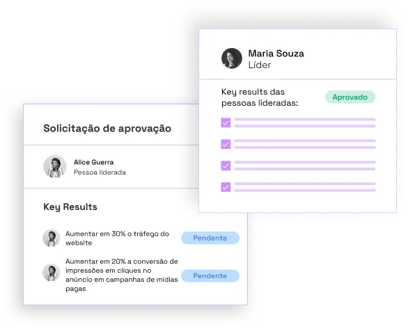 Aline Guerra envia 2 key results criados para a aprovação de sua líder, Maria Souza. Esta última, aprova os key results de Aline Guerra, entre outros liderados, através de checkbox de uma lista.