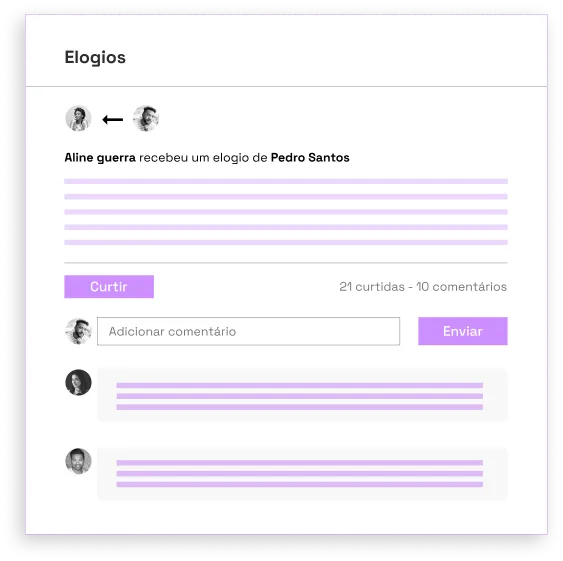 Foto do autor do post seguida do post escrito contendo um elogio para outra pessoa com botão de curtir e comentar. Comentários feitos no post de outras pessoas da empresa.
