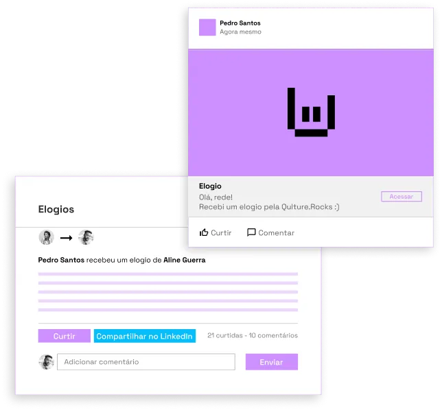 O mural de elogios da Qulture.Rocks mostra que a Aline Guerra recebeu um elogio do Pedro Santos, 2 colaboradores de uma empresa. É possível curtir o elogio e comentar, como em um post do Facebook. Além disso, ao clicar no botão azul Compartilhar no LinkedIn, Aline faz uma publicação em seu feed mostrando que recebeu um elogio através da Qulture.Rocks.