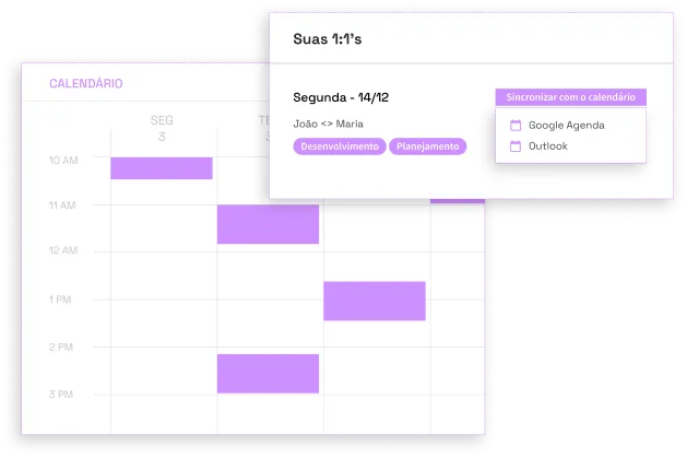 Imagem de calendário mensal com modal de lembrete para a próxima 1:1