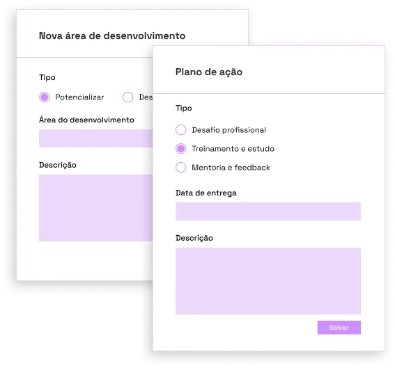 Modal de criação de um novo Plano de Desenvolvimento Individual com intuito de aperfeiçoar habilidades, podendo potencializar uma habilidade ou realizar um novo treinamento / estudo.