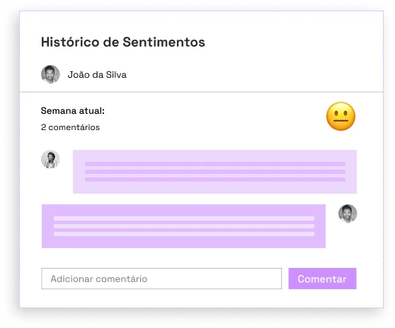 Sentimento de João, neutro, representando por um emoji é mostrado à direita. Sua líder comenta abaixo e eles começam a conversar sobre o assunto como nos comentários de um post no Facebook.