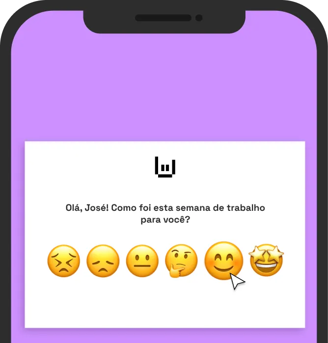 Um celular com o modal da Qulture.Rocks perguntando como a última semana de trabalho foi e com 6 emojis aparecendo representando diferentes sentimentos como péssimo, ruim, neutro, bom, muito bom, fantástico.