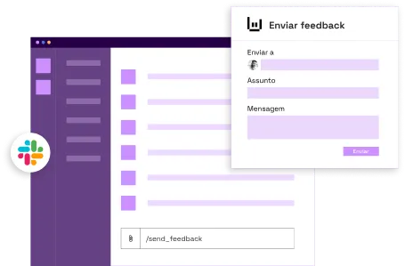 Interface do Slack com a mensagem /send_feedback escrita e o modal da Qulture.Rocks aberto com campo de para quem, assunto e mensagem com o objetivo de enviar um feedback a outro colaborador.