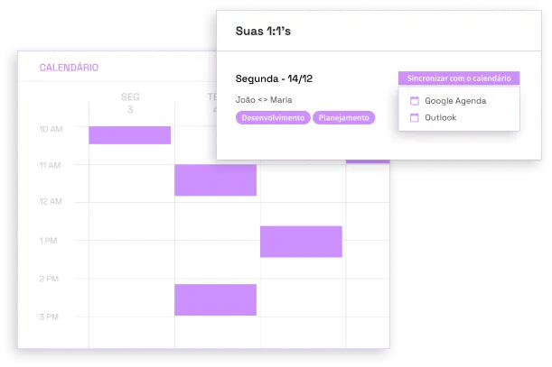 Calendário com reuniões marcadas ao longo de uma semana com um modal mostrando data, hora, participantes e tema de uma reunião com 1:1 com botão para sincronizar com os calendários do Google ou do Outlook.