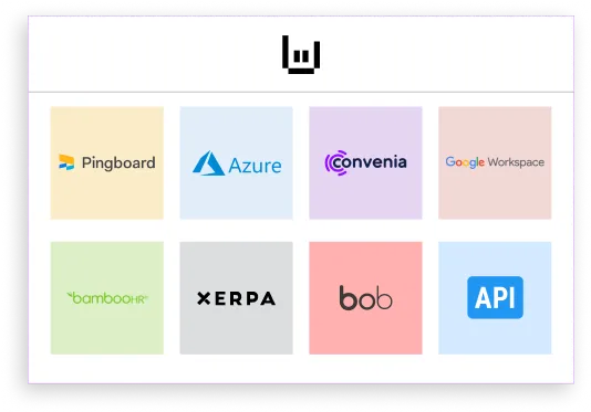 Tabela mostrando os logos da Pingboard, Azure, Convenia, Google Workspace, Bamboo HR, Xerpa, Bob e API.