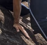 Close-up of a person climbing on a rock with one hand gripping the surface and a rope secured nearby.