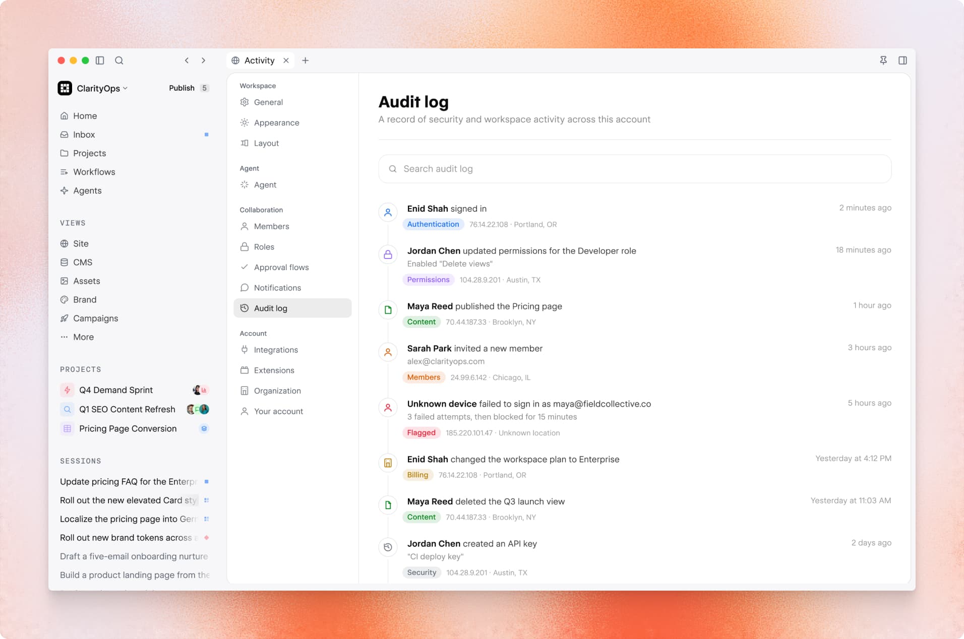 A interface do usuário Source mostrando um registro de auditoria com vários membros da equipe realizando diferentes ações.