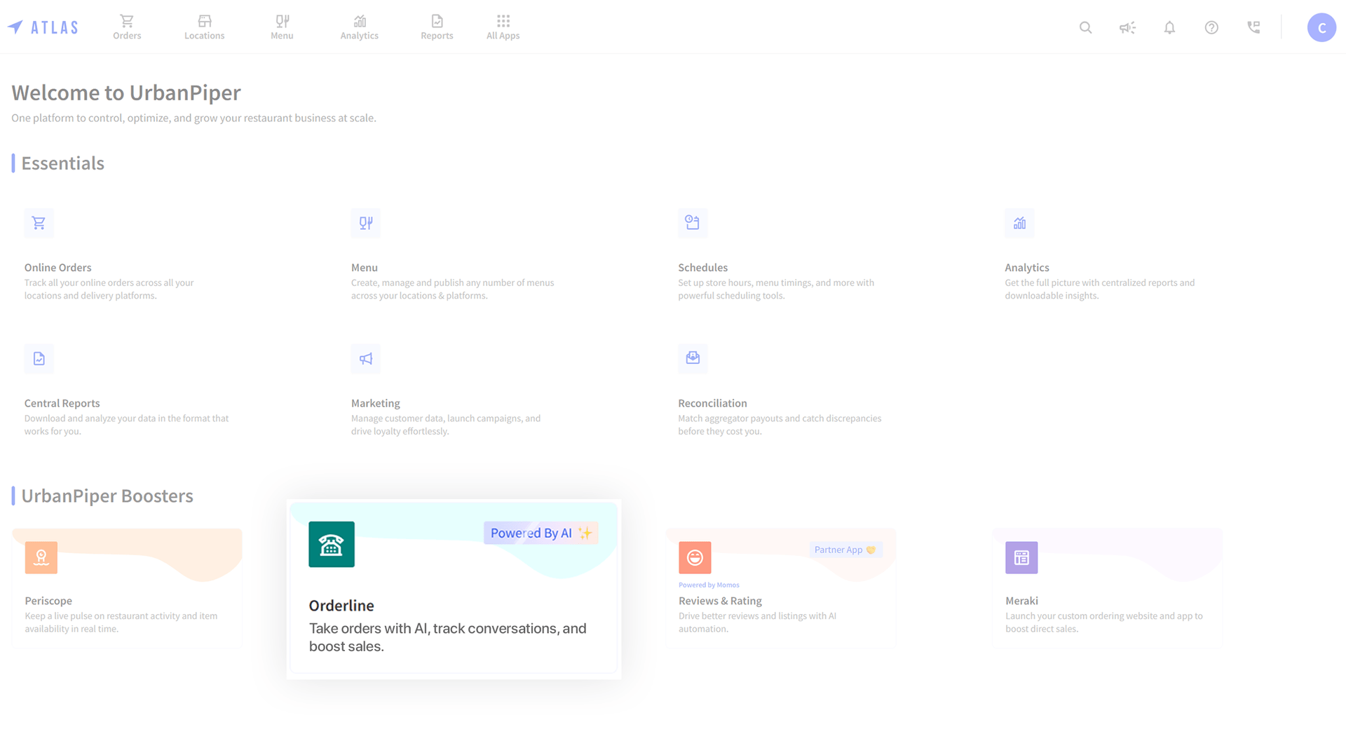 Product features overview with sections for Online Orders, Menu, Schedules, Central Reports, Marketing, UrbanPiper Boosters including Periscope, Orderline, Meraki, and Configurations icons.