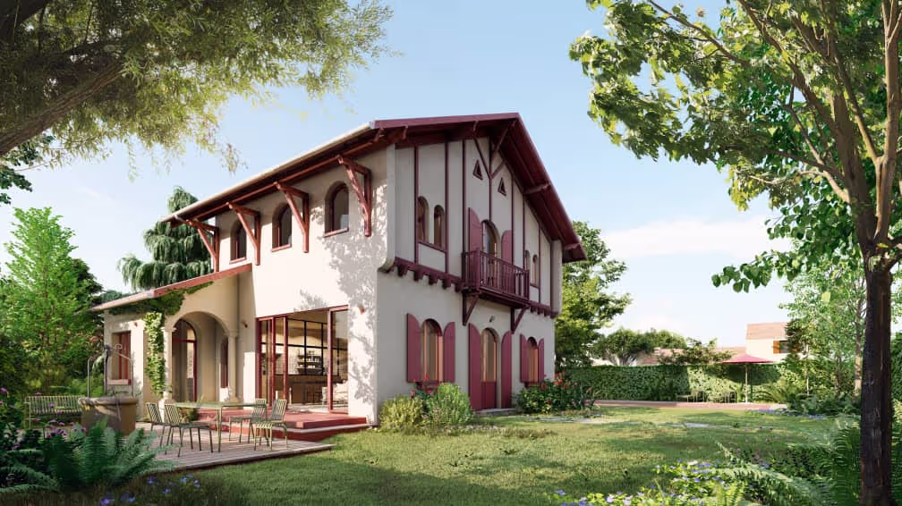 Maison basque modernisée avec terrasse en béton ciré rouge et piscine