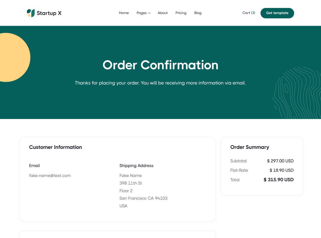 Order Confirmation - Startup X Webflow Template
