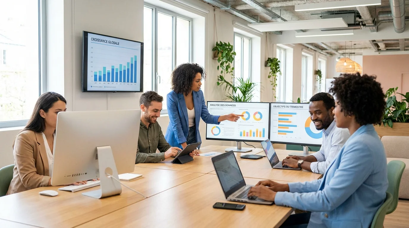 Équipe de recruteurs tech en réunion dans un bureau moderne