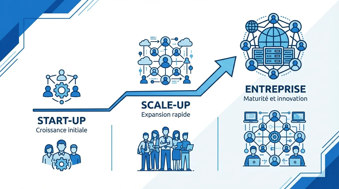 Illustration des différentes étapes de croissance d'une entreprise tech et de leurs besoins en recrutement