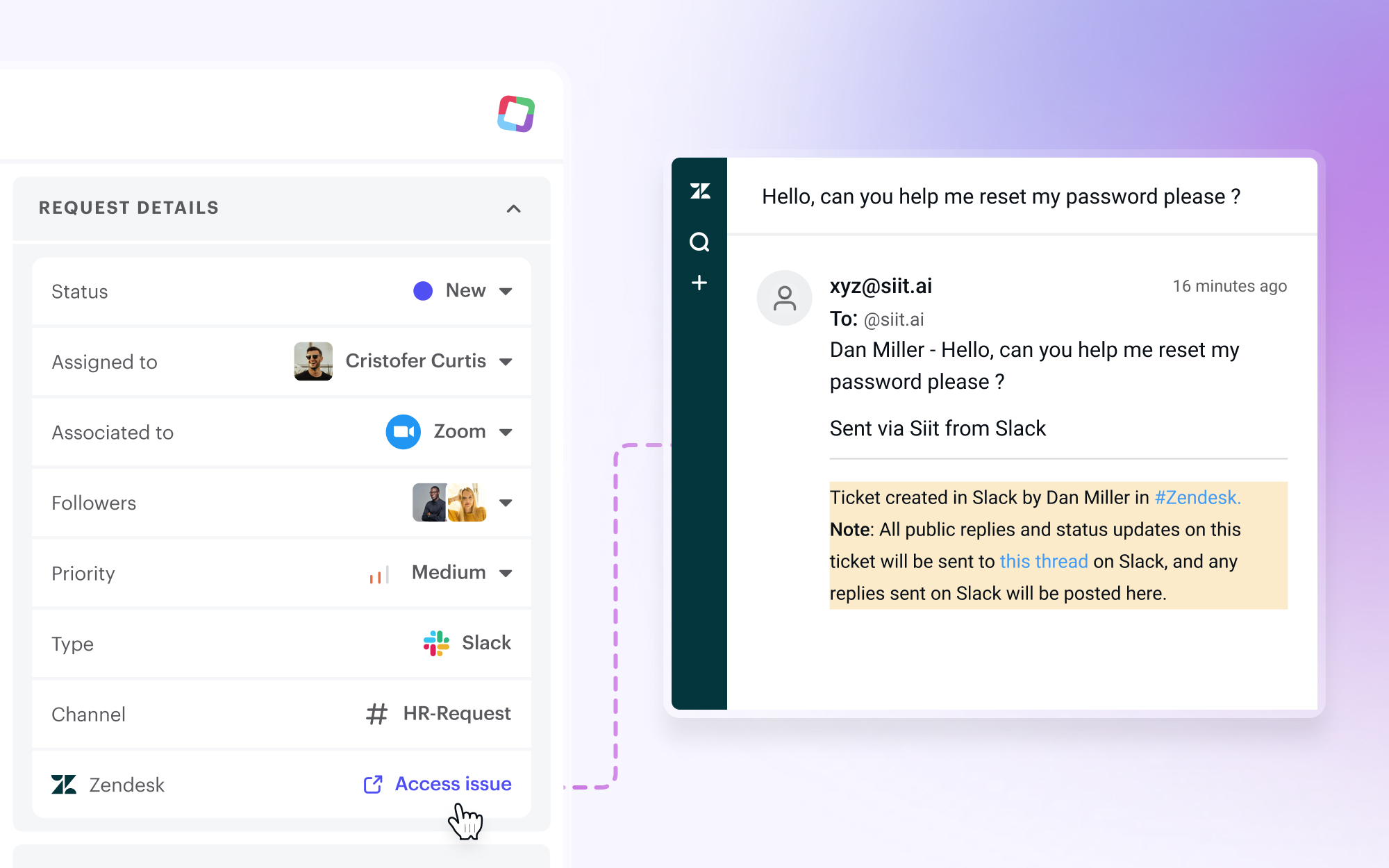 An image showing how Siit integrates with Zendesk