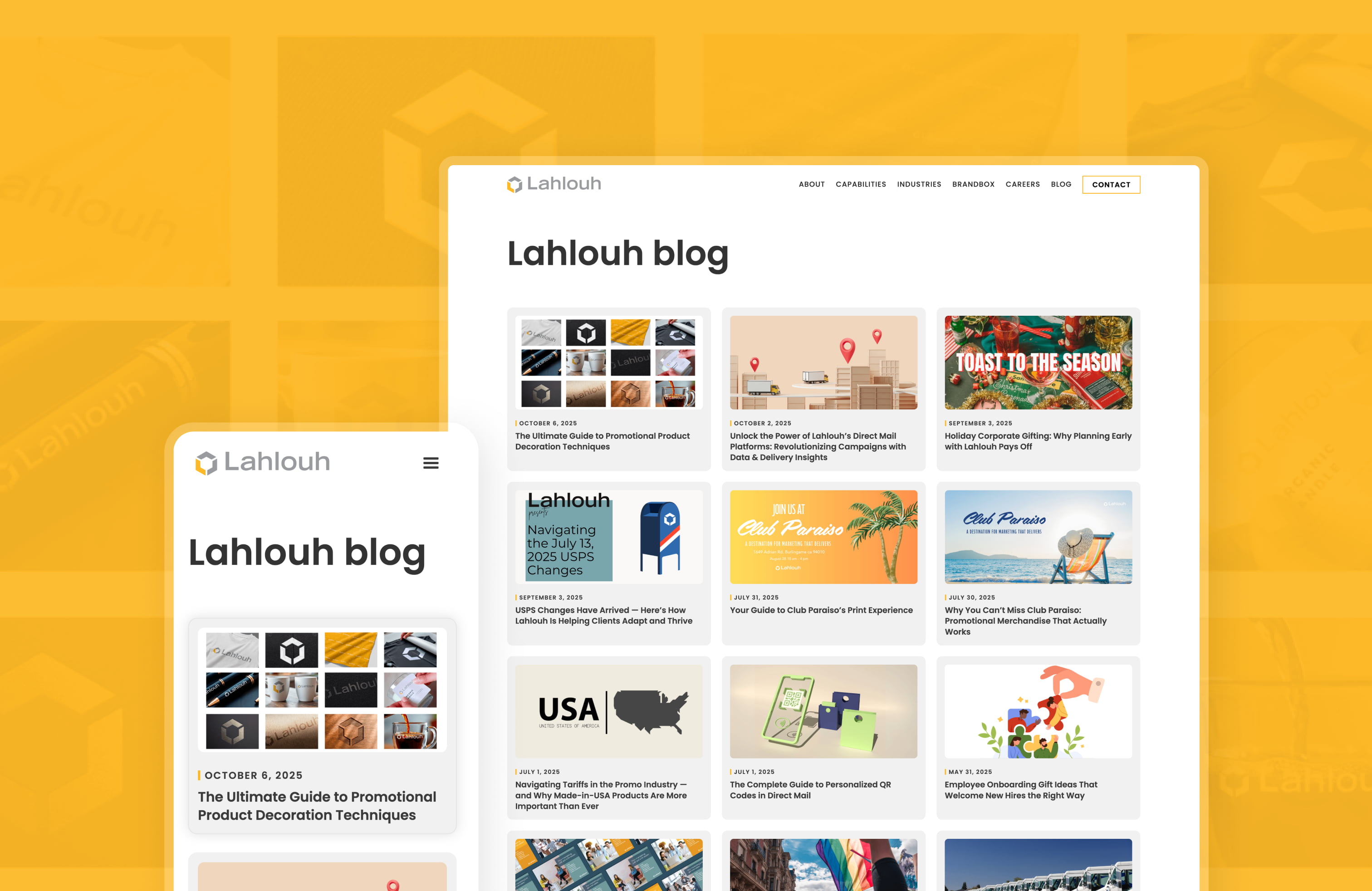 Lahlouh Blog page shown responsively across desktop and mobile.