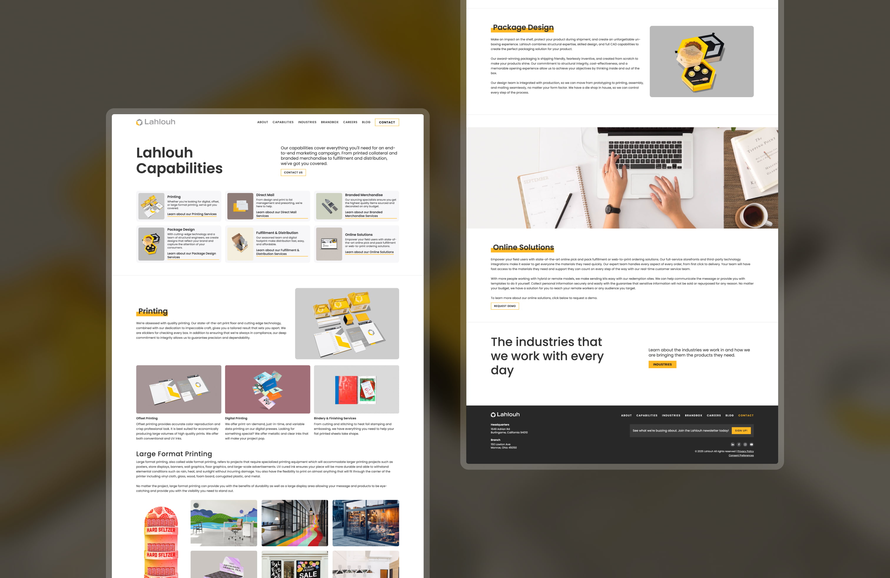 A comprehensive view of the Lahlouh Capabilities page design, from navbar to footer.