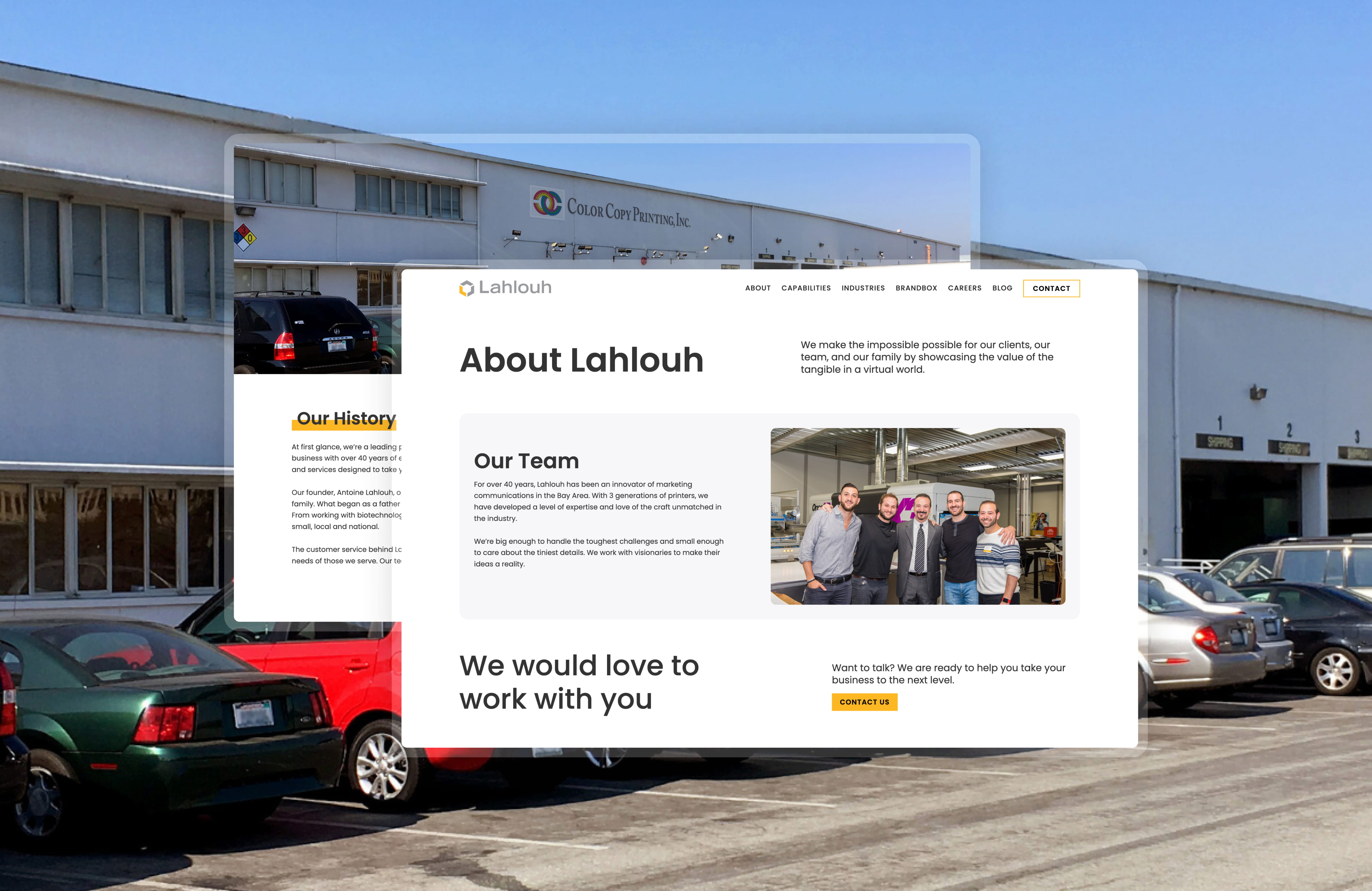 Lahlouh About page design featuring content blocks and a call-to-action.