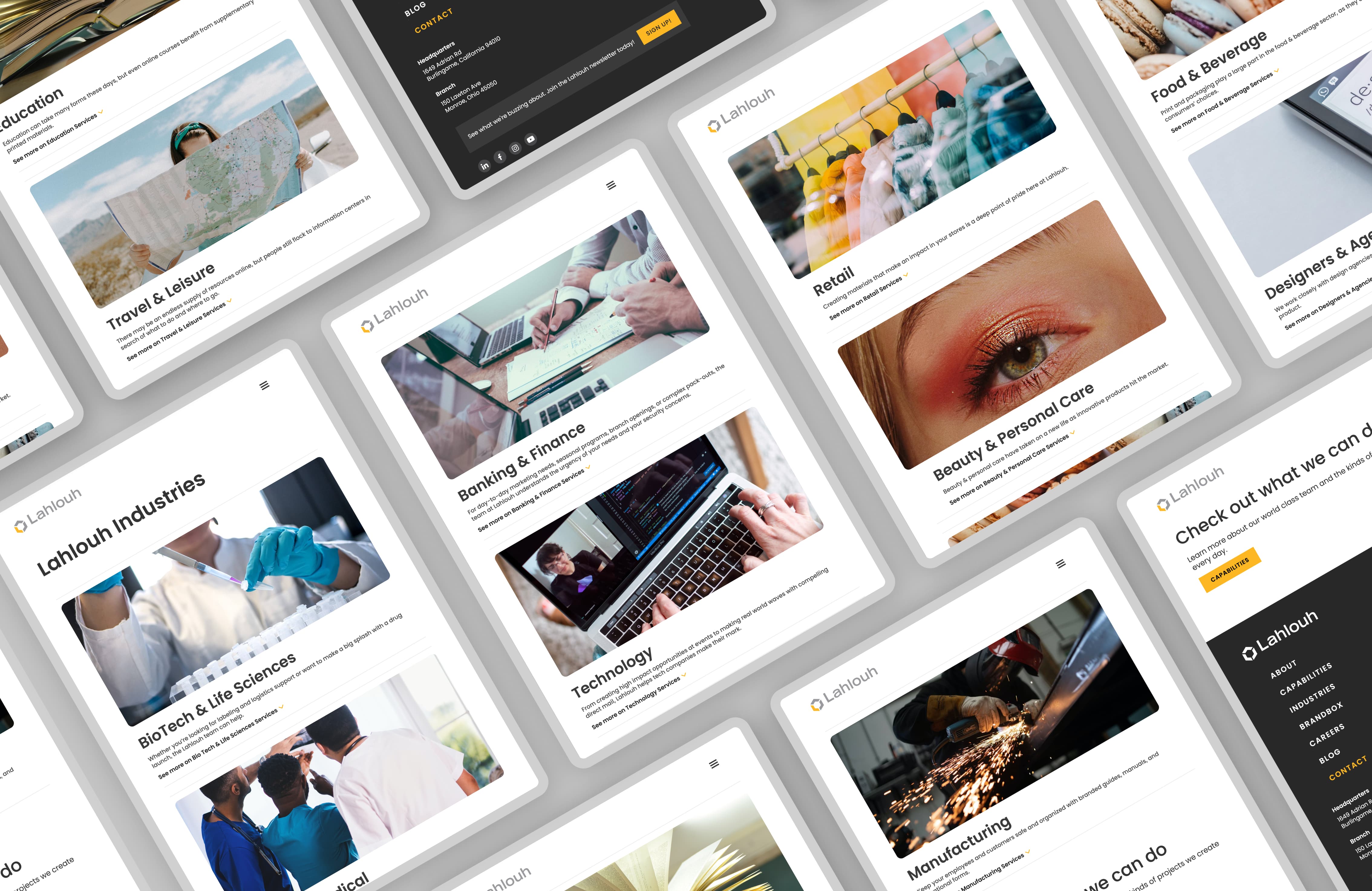 A collection of snapshots showcasing the tablet view of the Lahlouh Industries page.