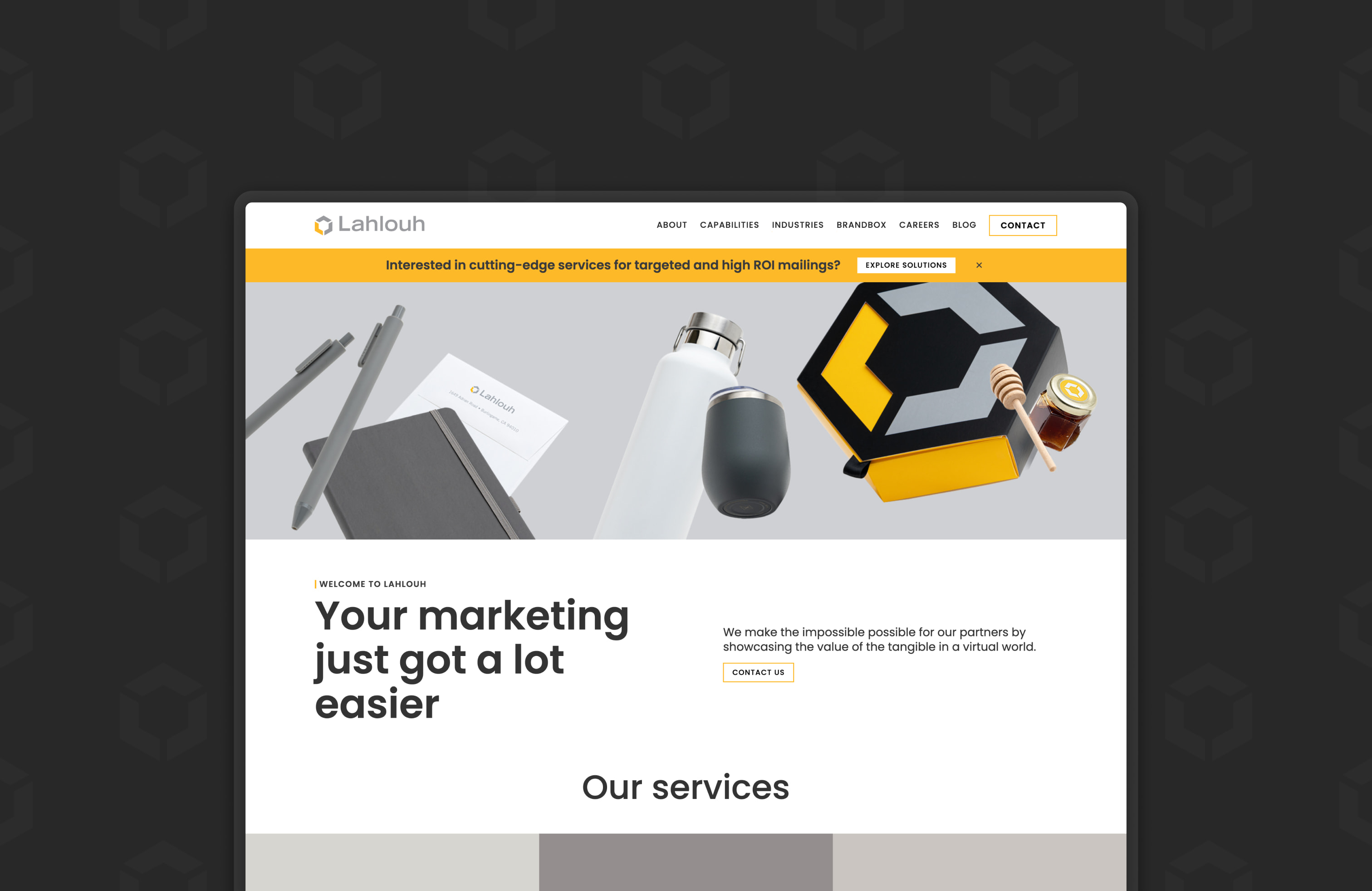 Homepage UI design for Lahlouh, a marketing communications site.