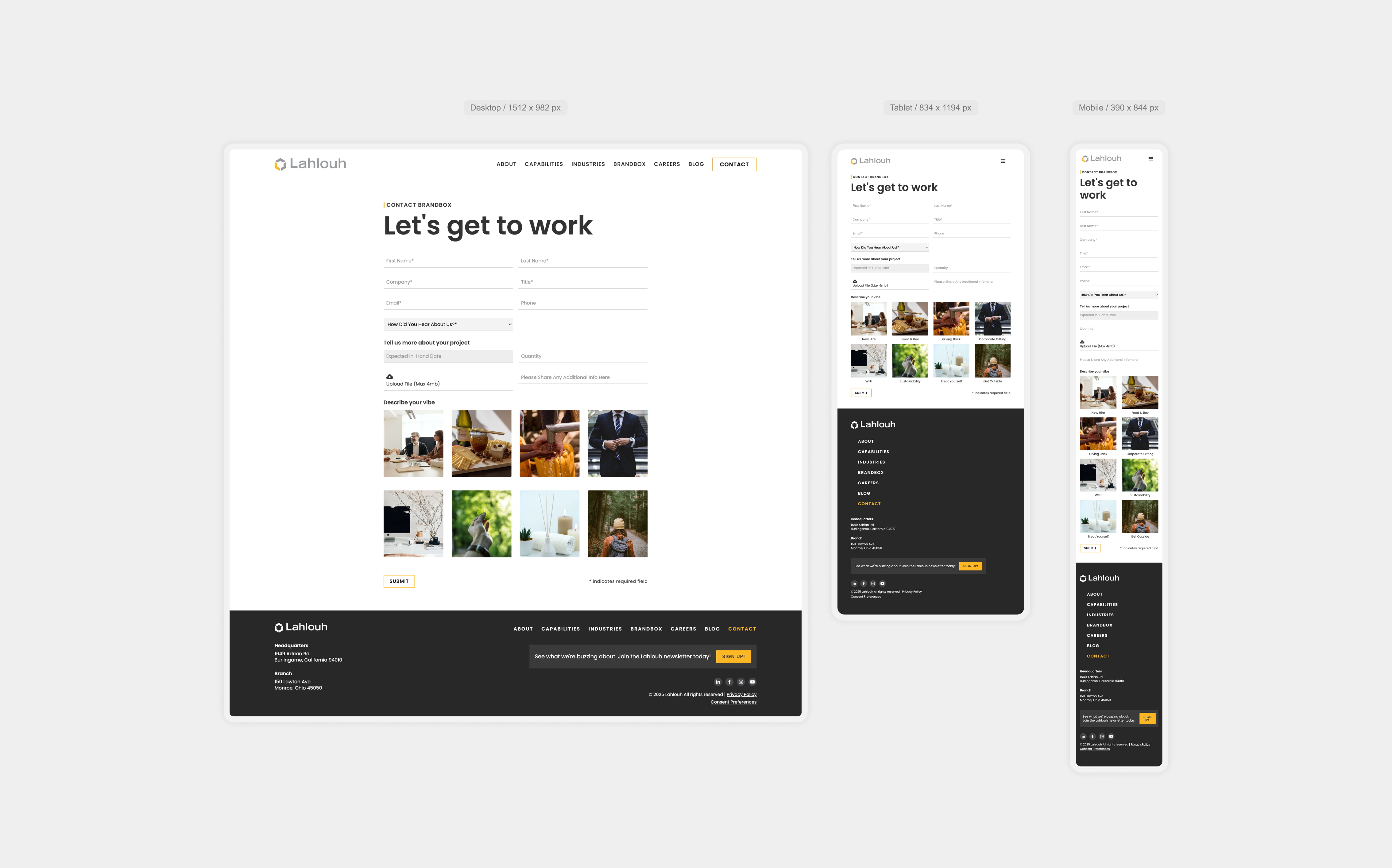 The Brandbox Contact page design translated across standard mobile, tablet, and desktop breakpoints.