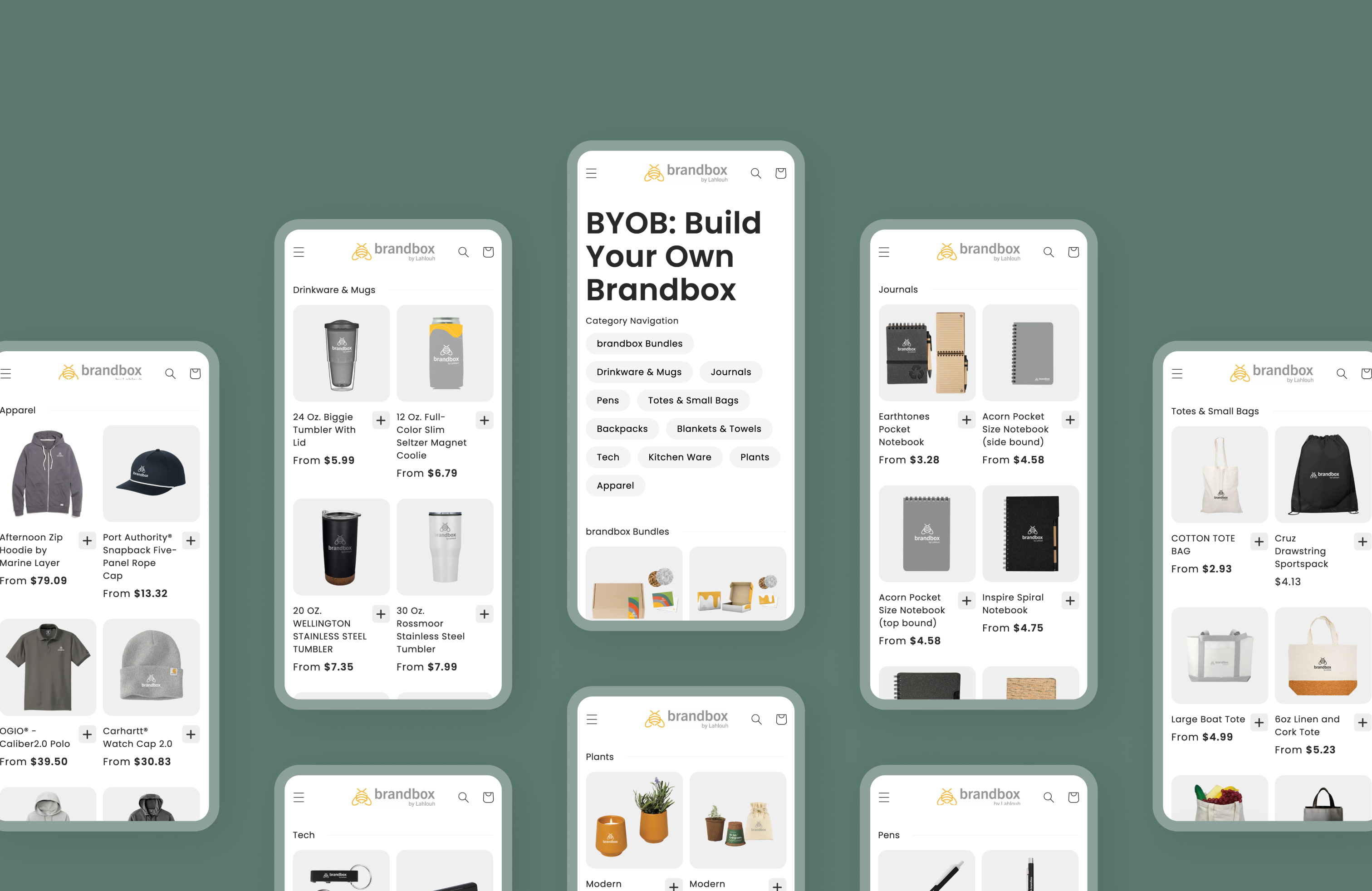 A collection of mobile views showcasing the main Shopify-powered e-commerce Build Your Own Brandbox page.