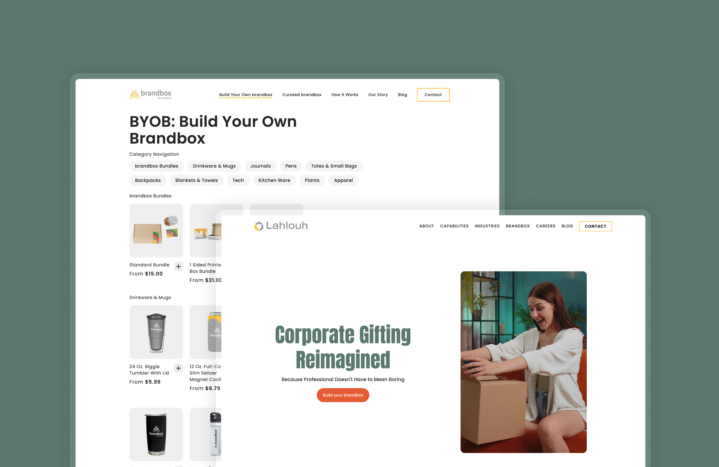 Landing page and Shopify store UI design for Brandbox by Lahlouh, a corporate gifting service.