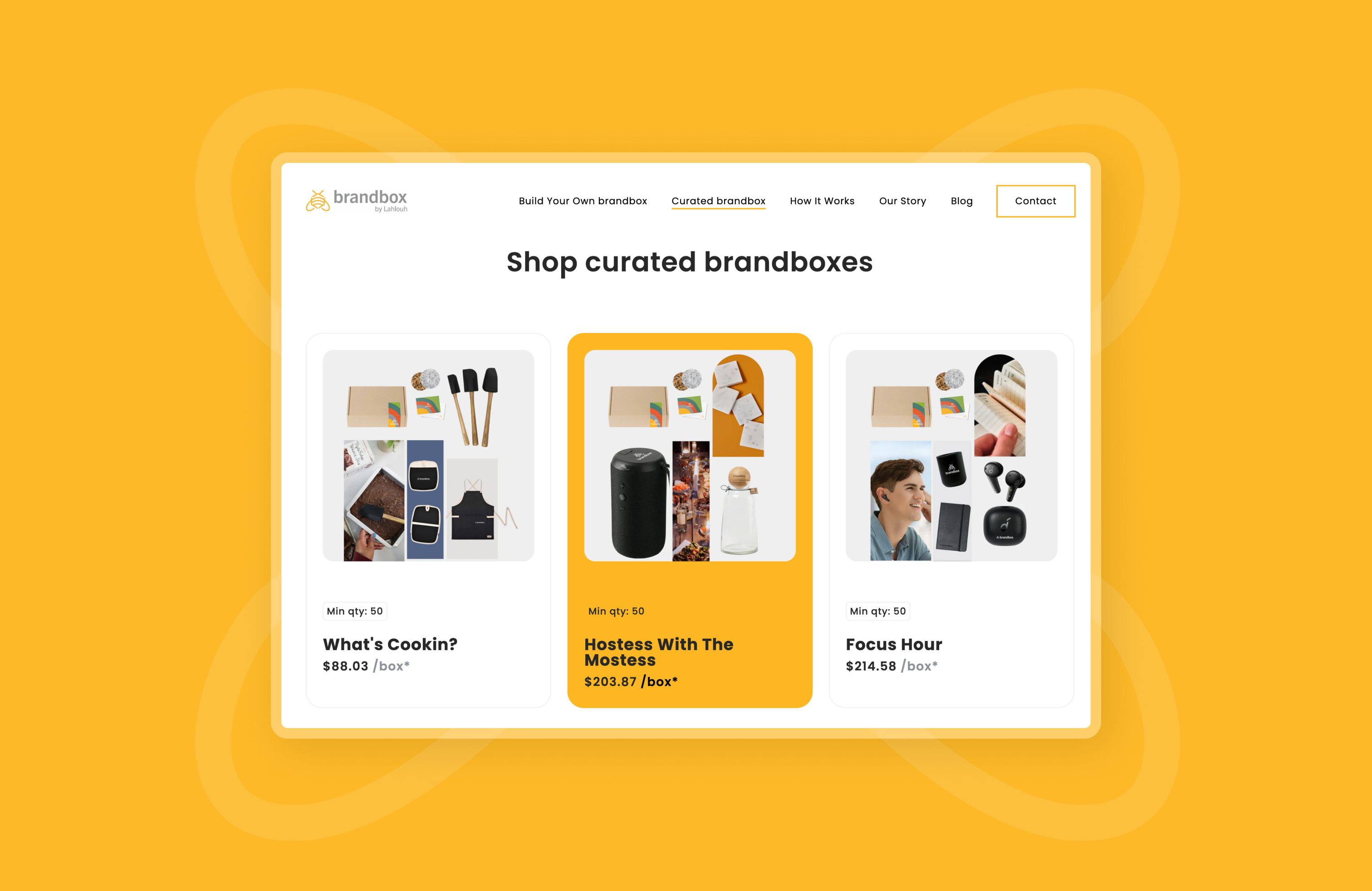 A curated Brandbox hero section featuring three recommended bundles.