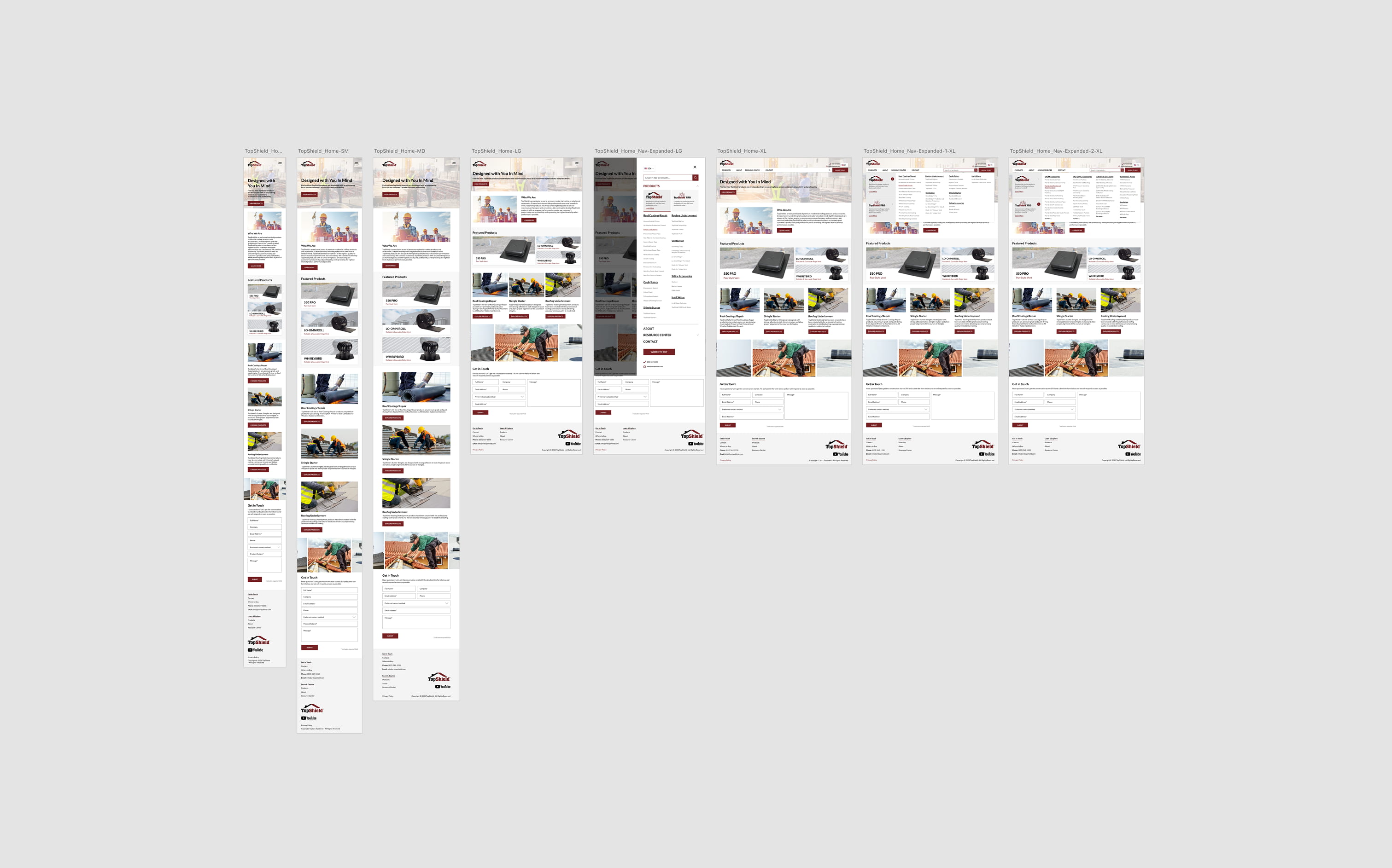 TopShield's Homepage design displayed across responsive breakpoints from small to extra-large.