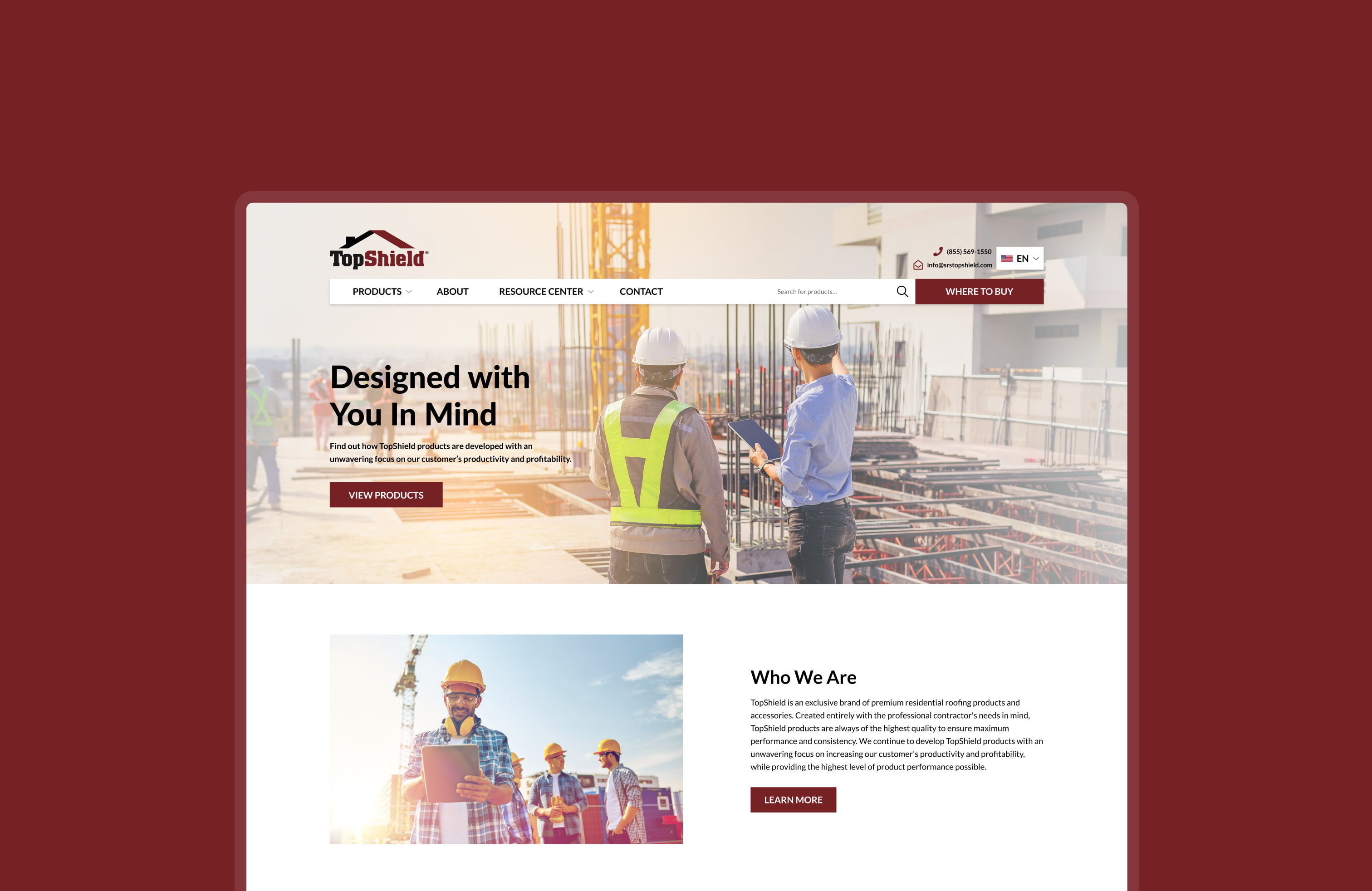 Homepage UI design for Topshield, a construction and roofing material supply site.