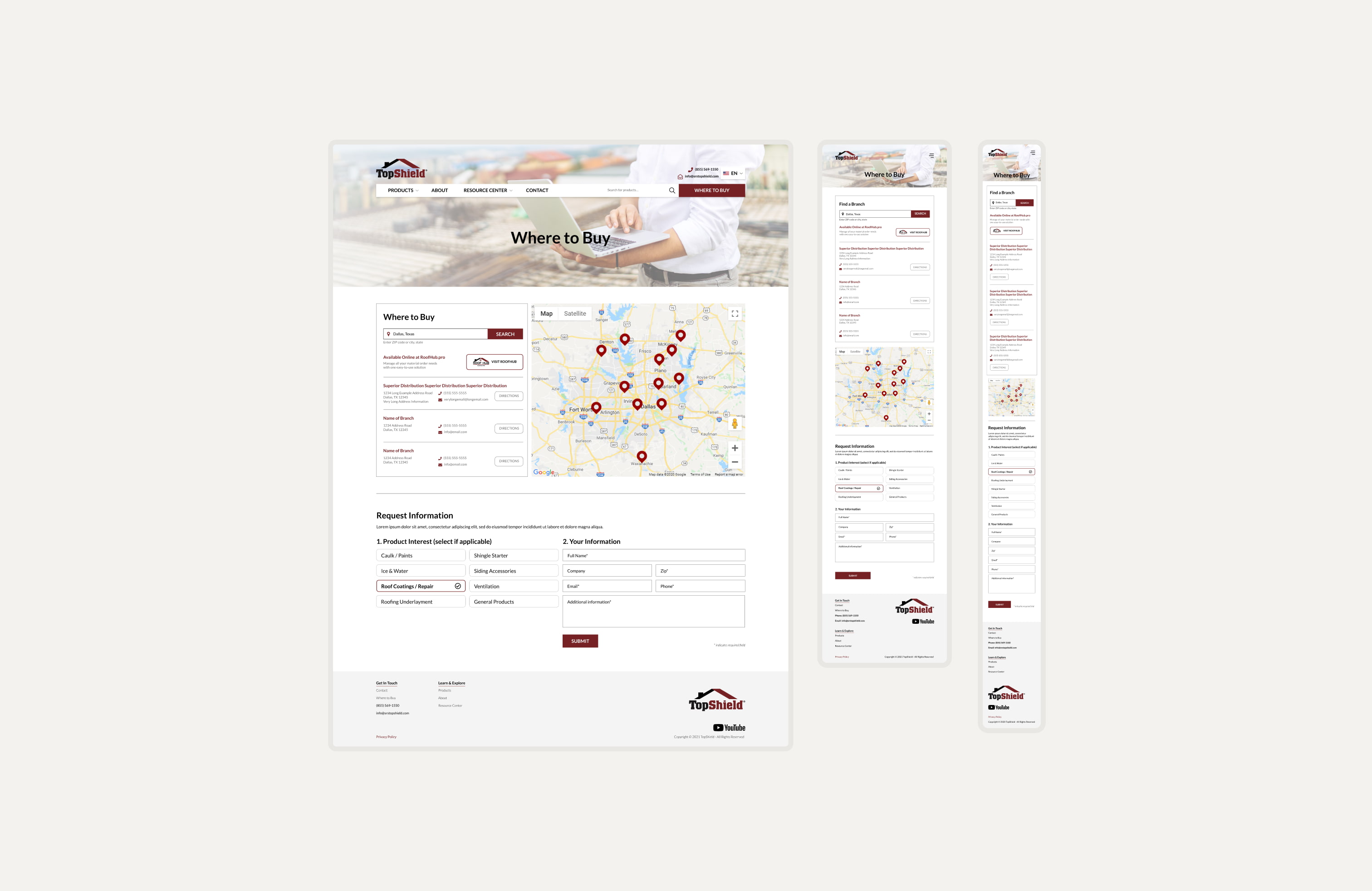 TopShield's Where to Buy CTA page, displayed across mobile, tablet, and desktop breakpoints.
