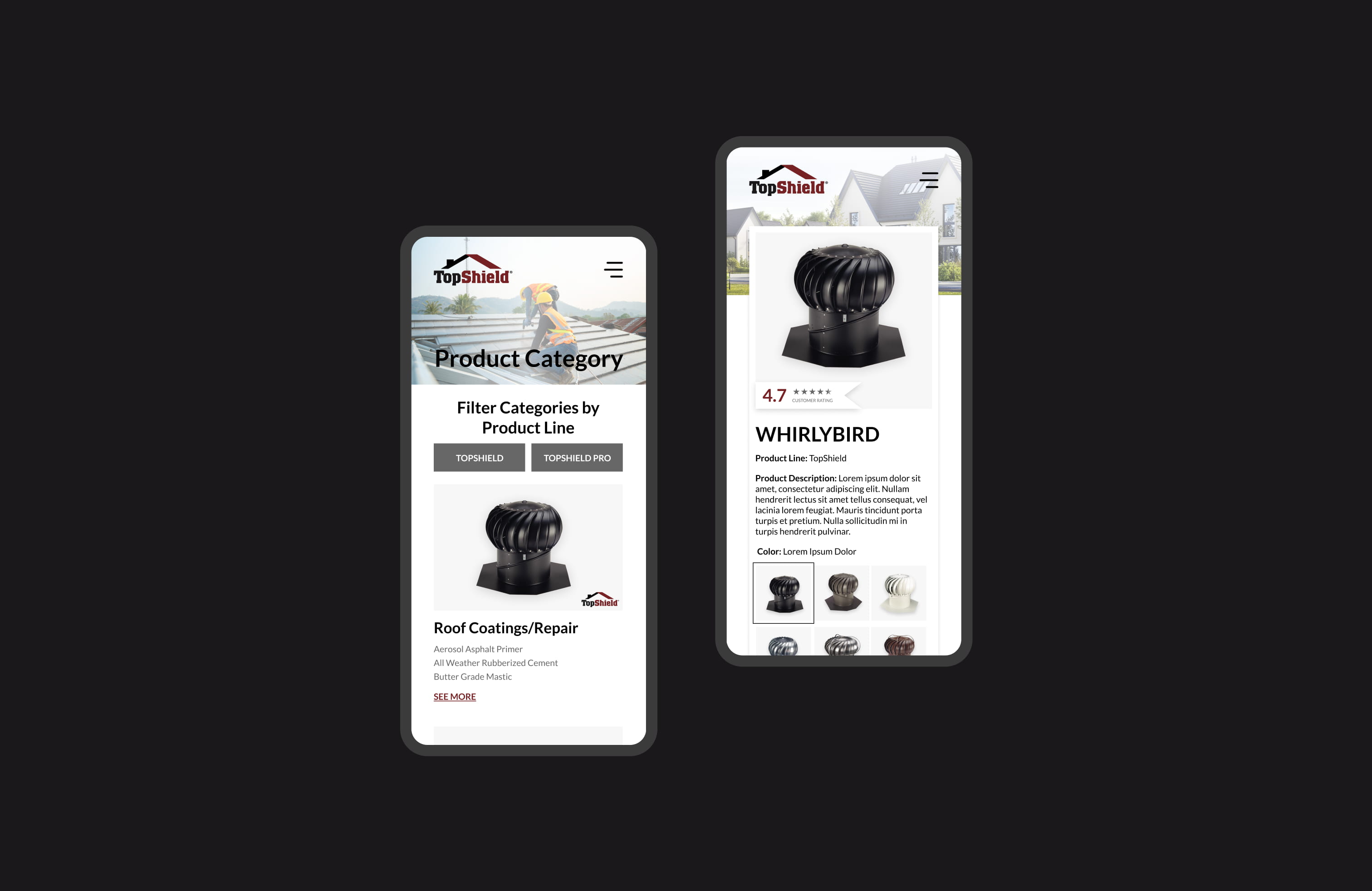 A mobile view of TopShield's Product page and a featured Whirlybird product, complete with filtering and color variant selection.