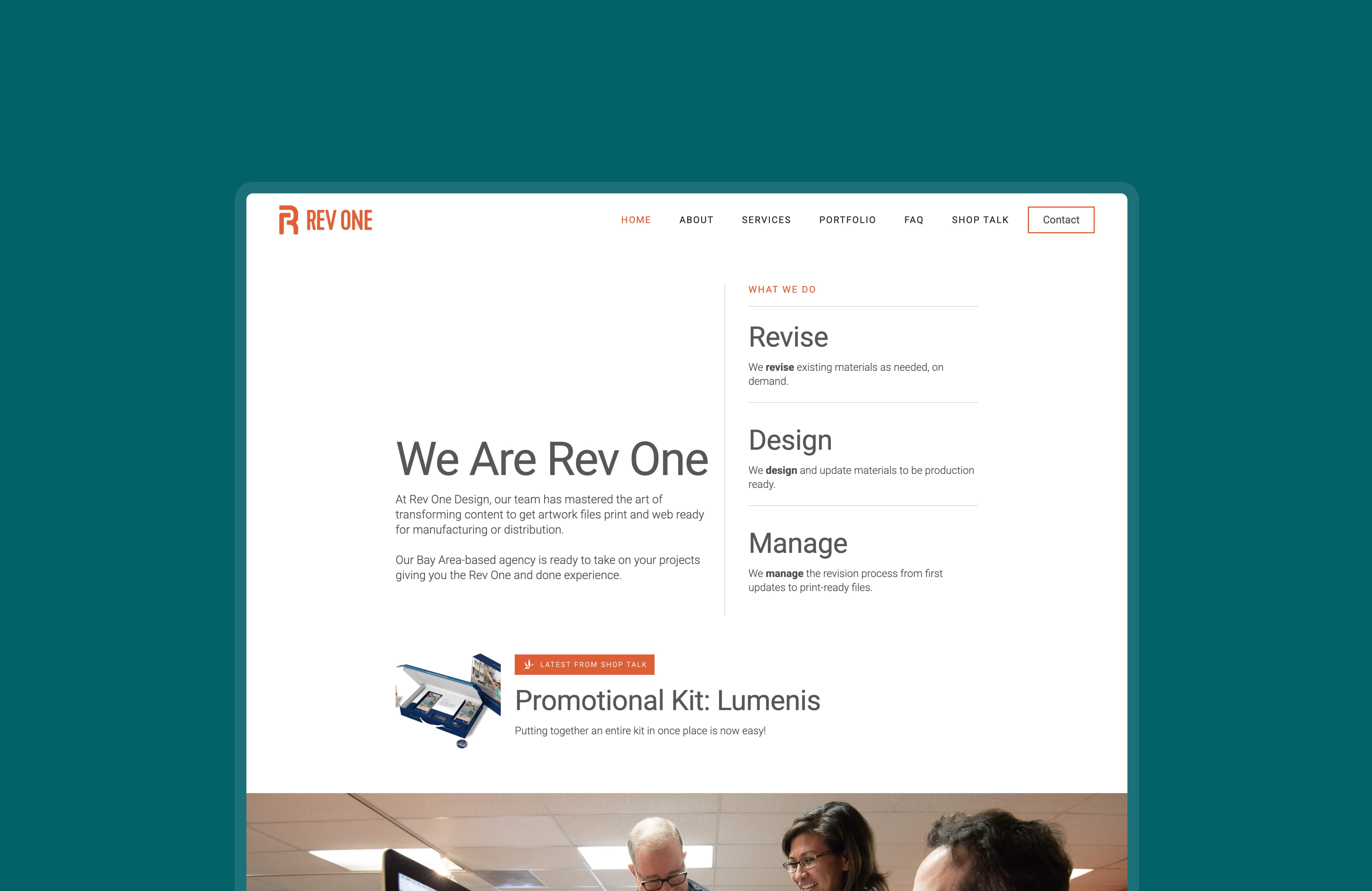 Homepage UI design for RevOne, a design services site.