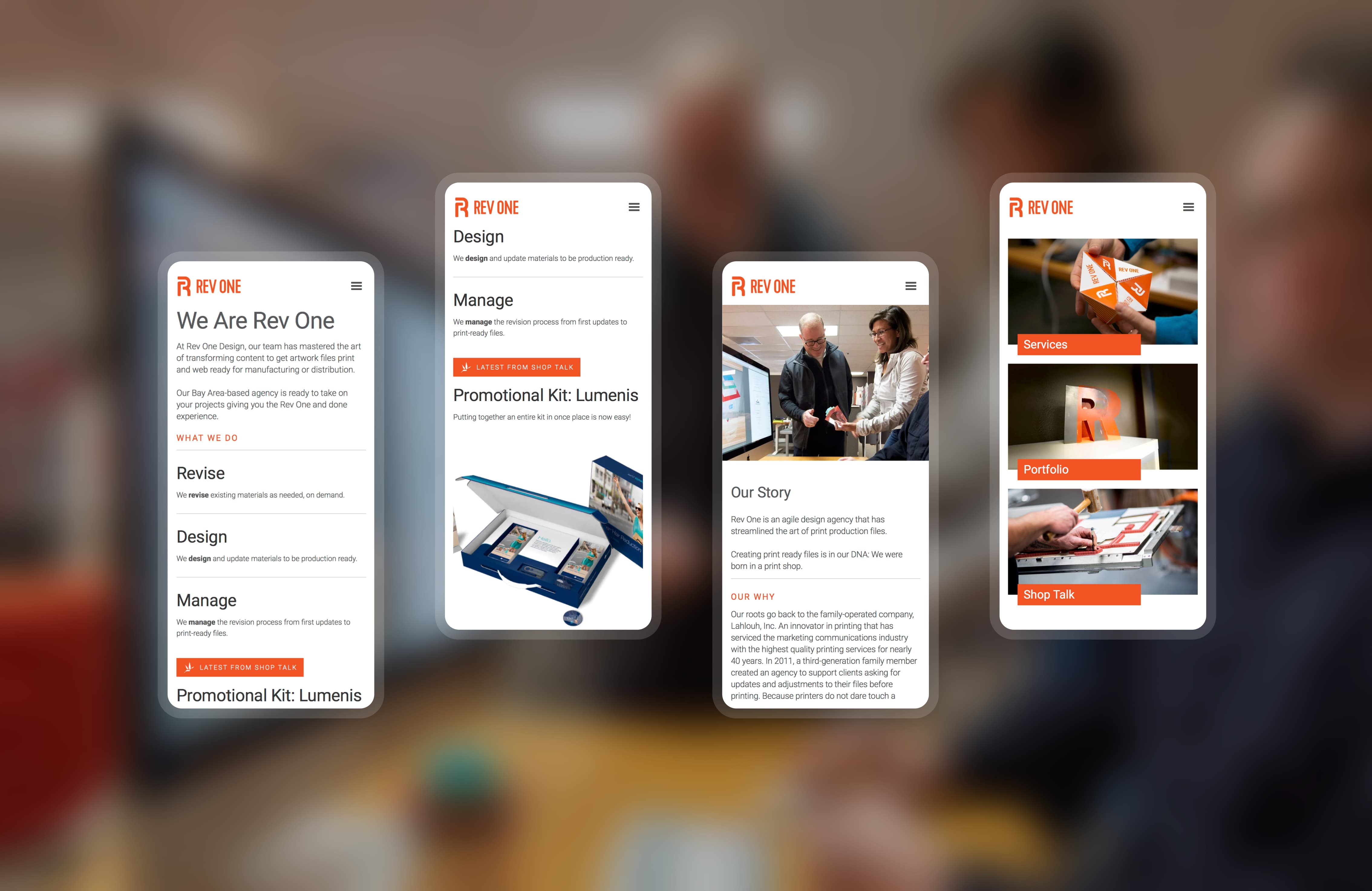 Key aspects of the RevOne homepage displayed across four mobile views, including a visual menu for Services, Portfolio, and Shop Talk.