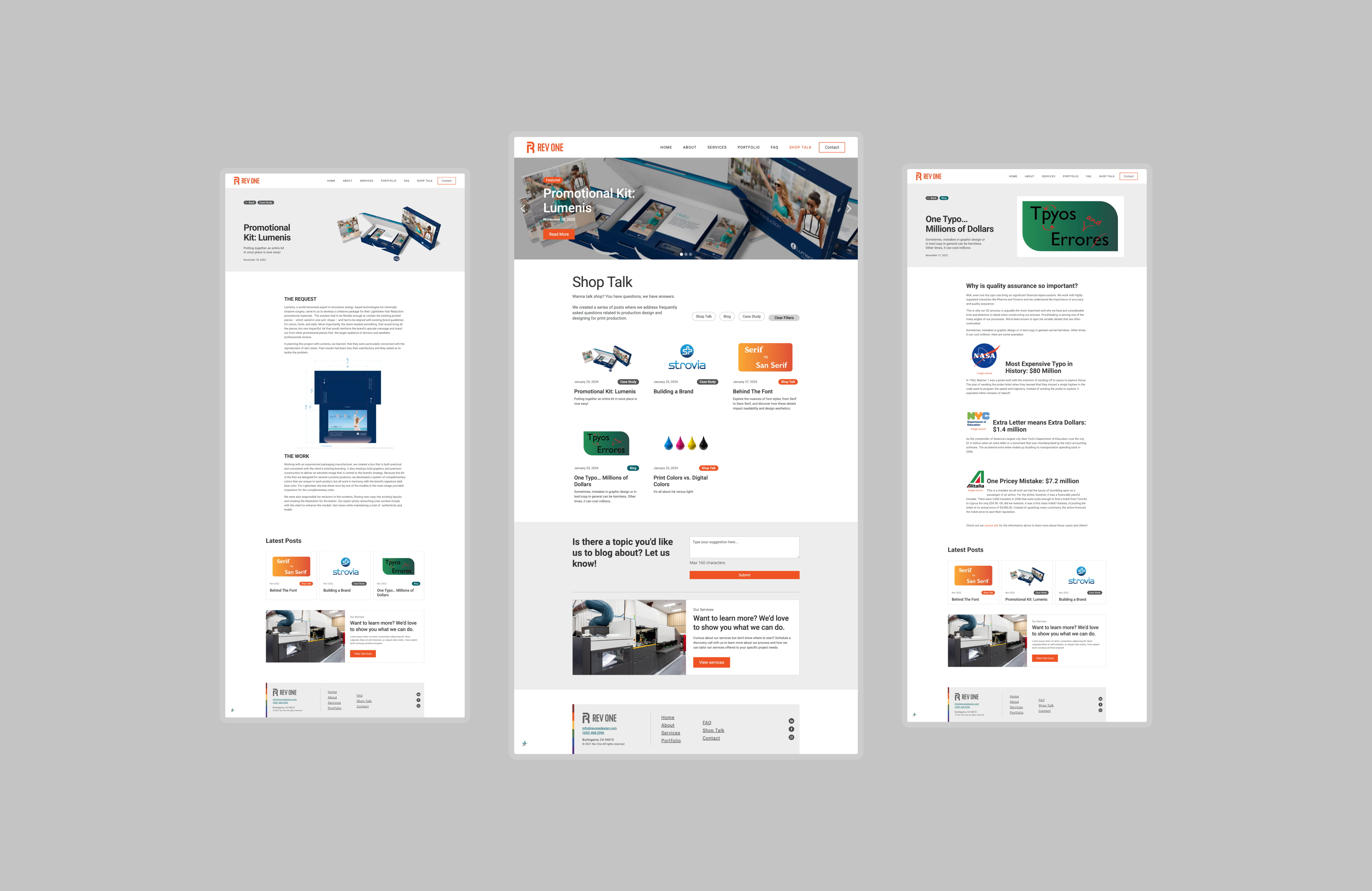 A display of RevOne's Shop Talk blog, including two individual post layouts and the main page featuring all Shop Talk articles.