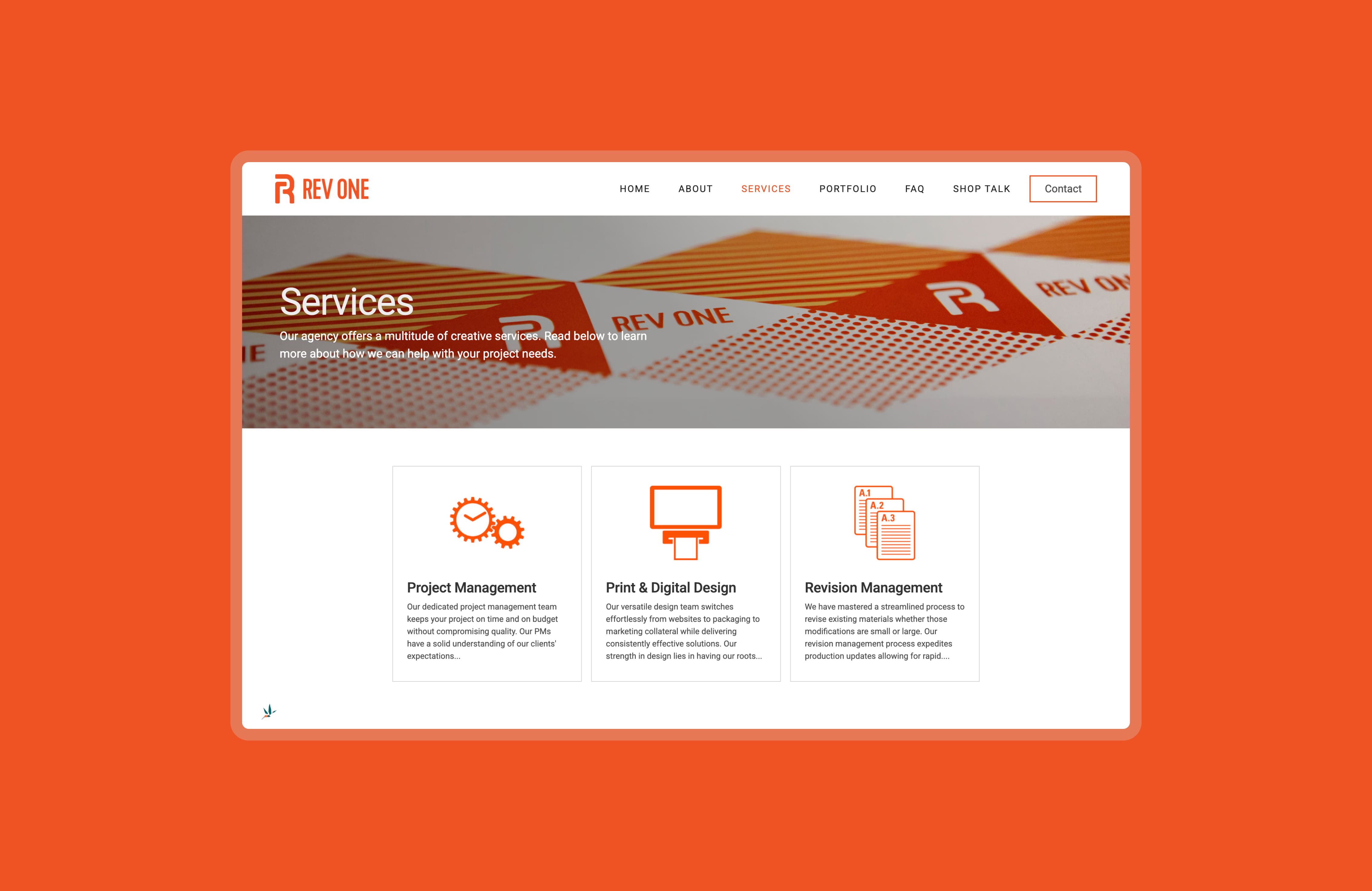The RevOne Services page, featuring cohesive content blocks with icon, heading, and paragraph text underneath an eye-catching banner image.