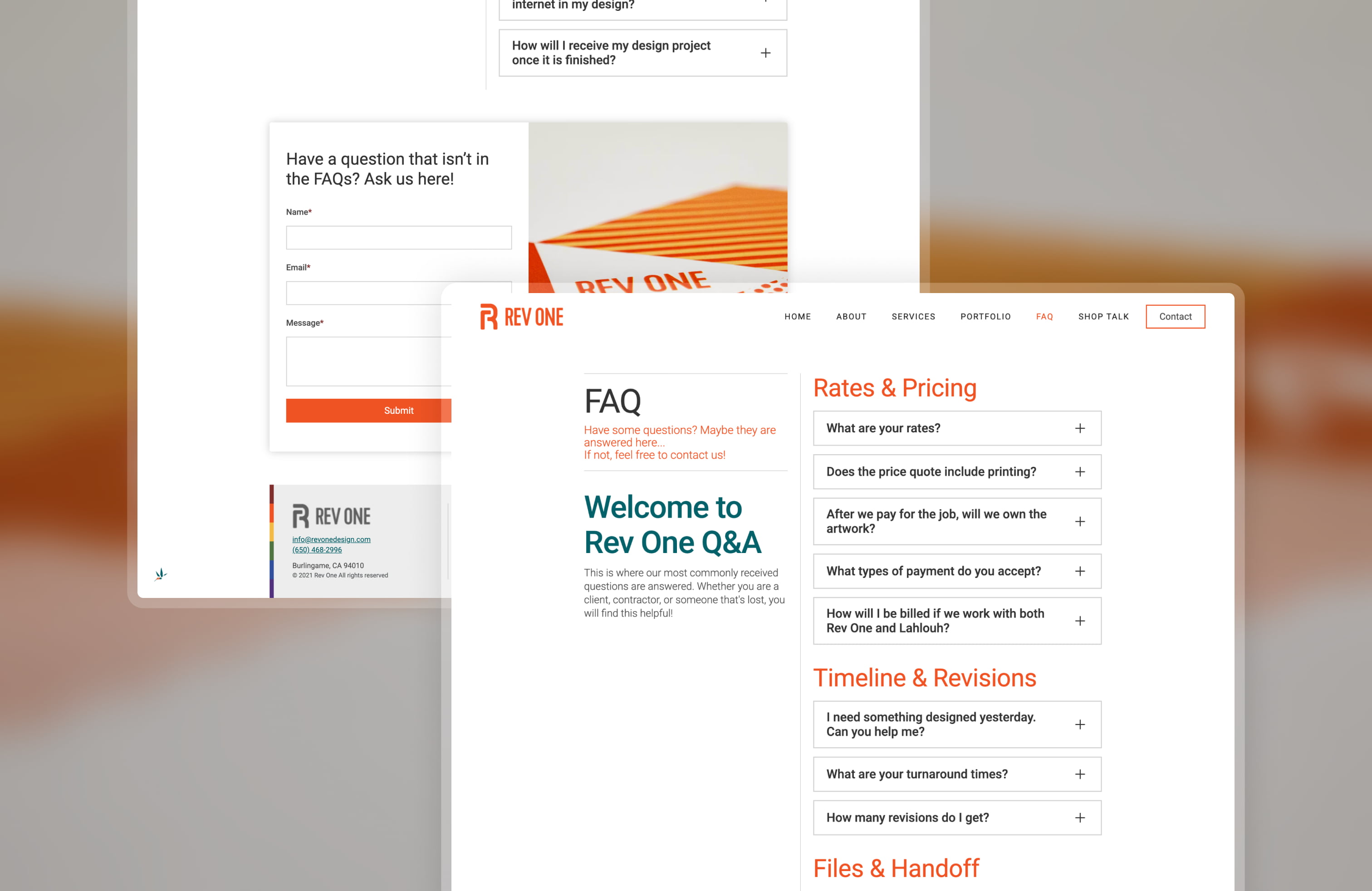 The RevOne FAQ page featuring accordion question drop-downs and a fixed sidebar for easy scrolling and navigation.