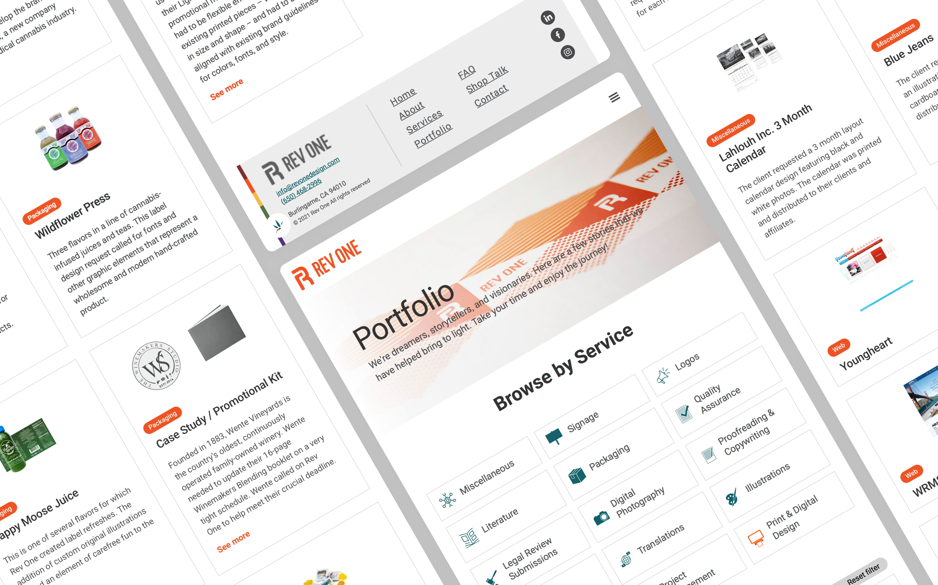 RevOne's portfolio page in tablet view featuring custom filters, image blocks, and category tagging.