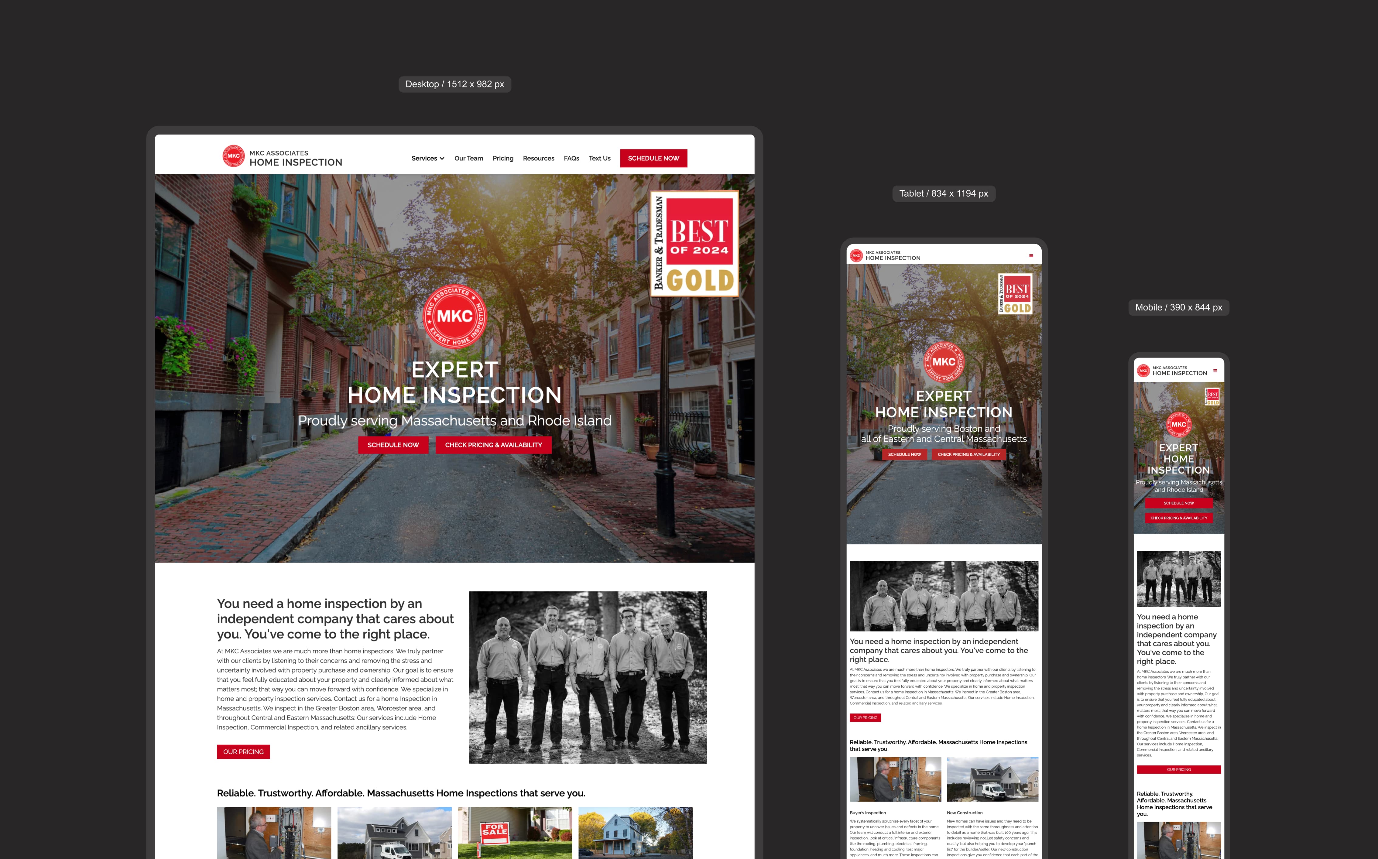 A responsive view of the MKC Homepage UI, showing how content reflows from mobile to tablet to desktop.