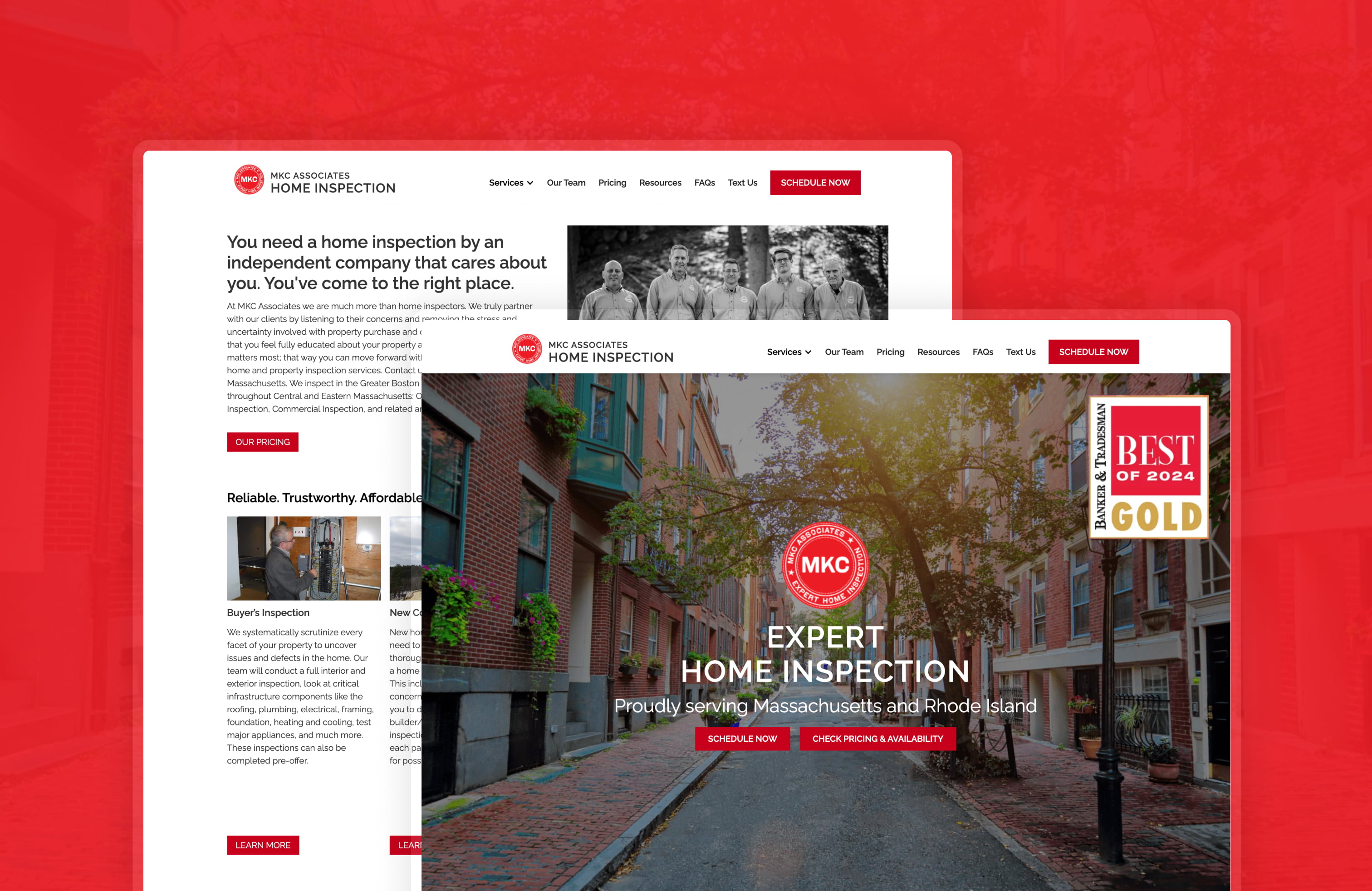 Homepage UI design for MKC, a home inspection site.