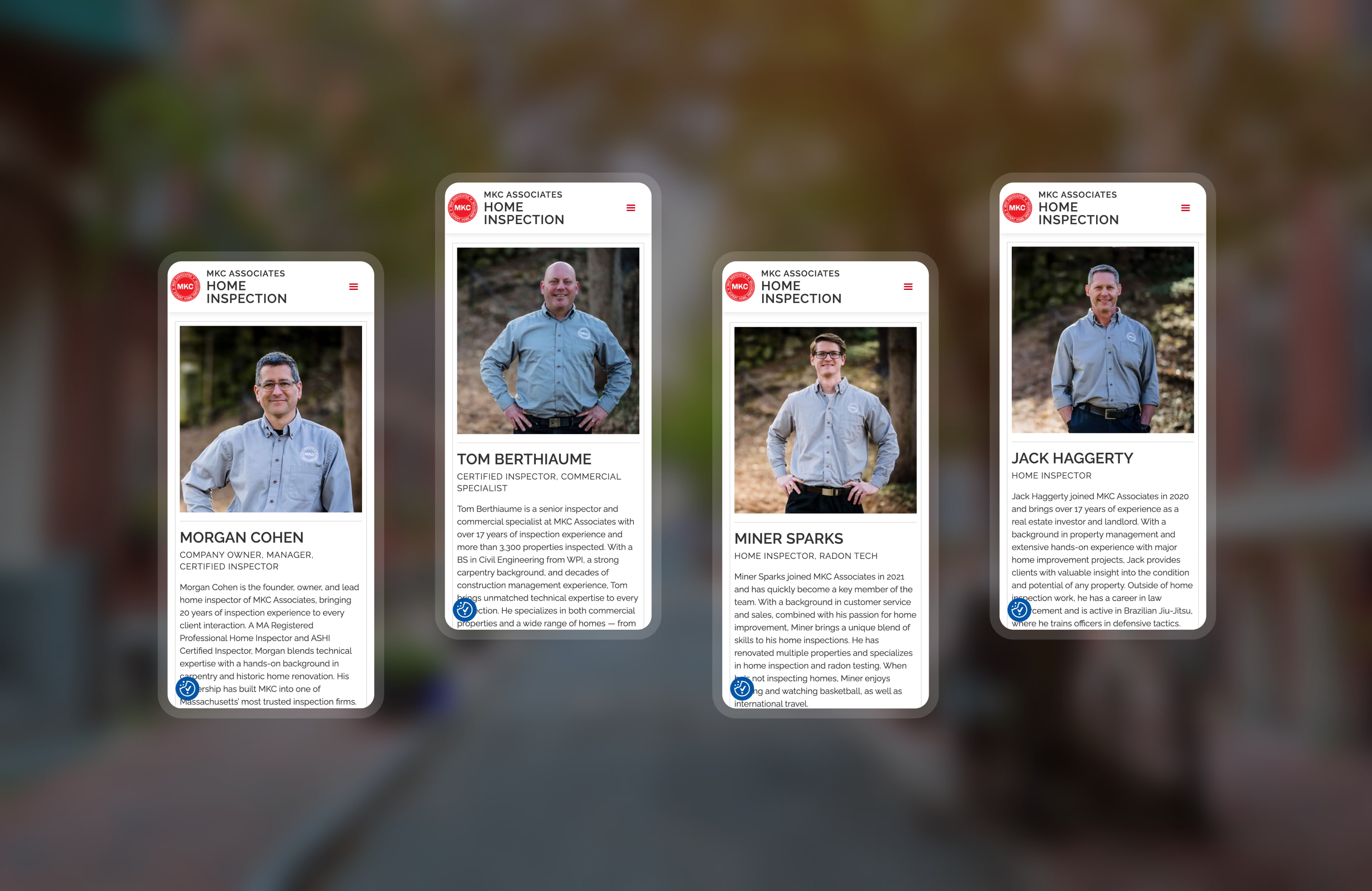Four mobile snapshots from the MKC About page, highlighting individual inspector bios.