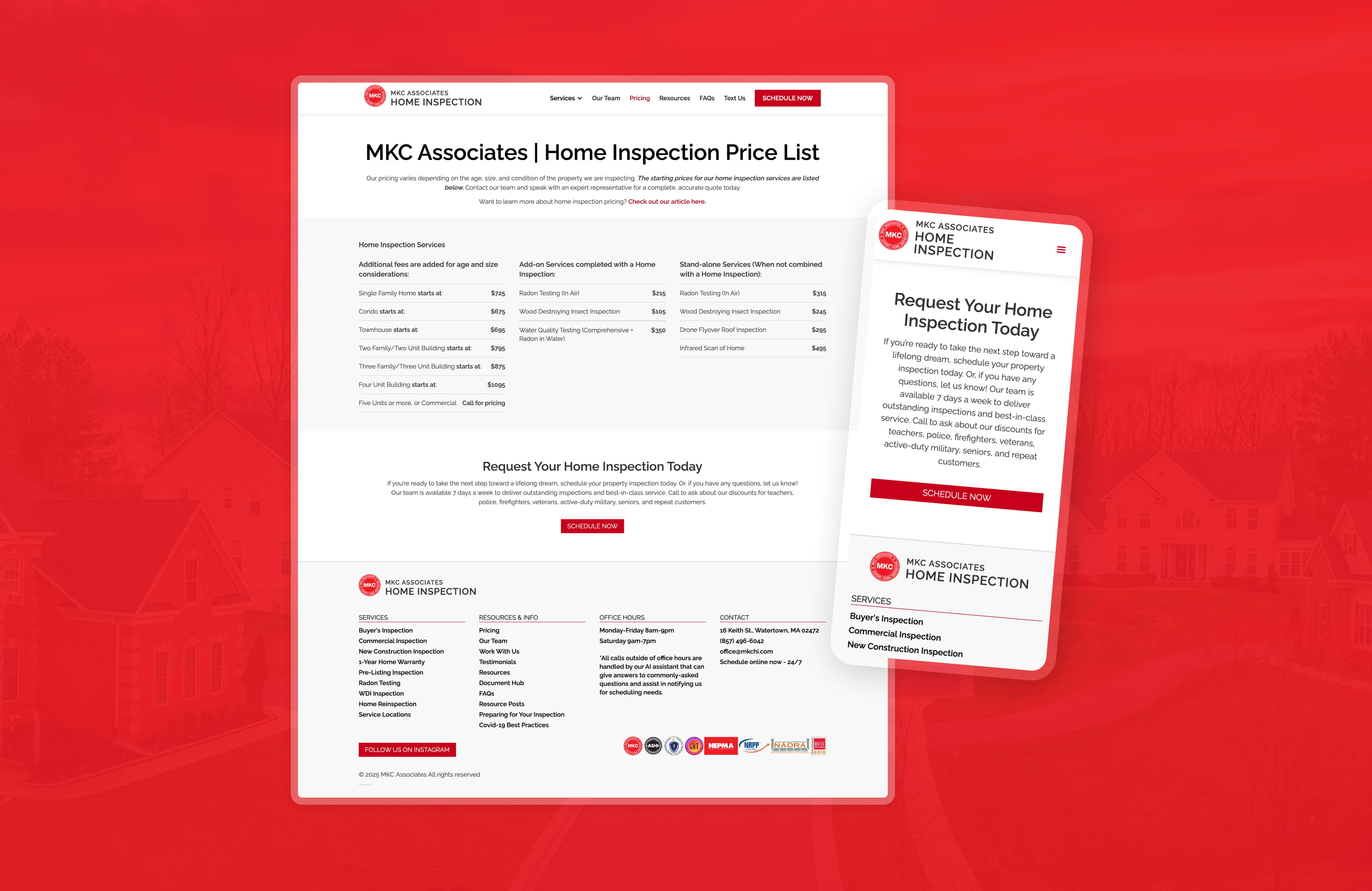 MKC Pricing UI, featuring a desktop view of the pricing list along with a mobile view highlighting a Request a Home Inspection call to action.