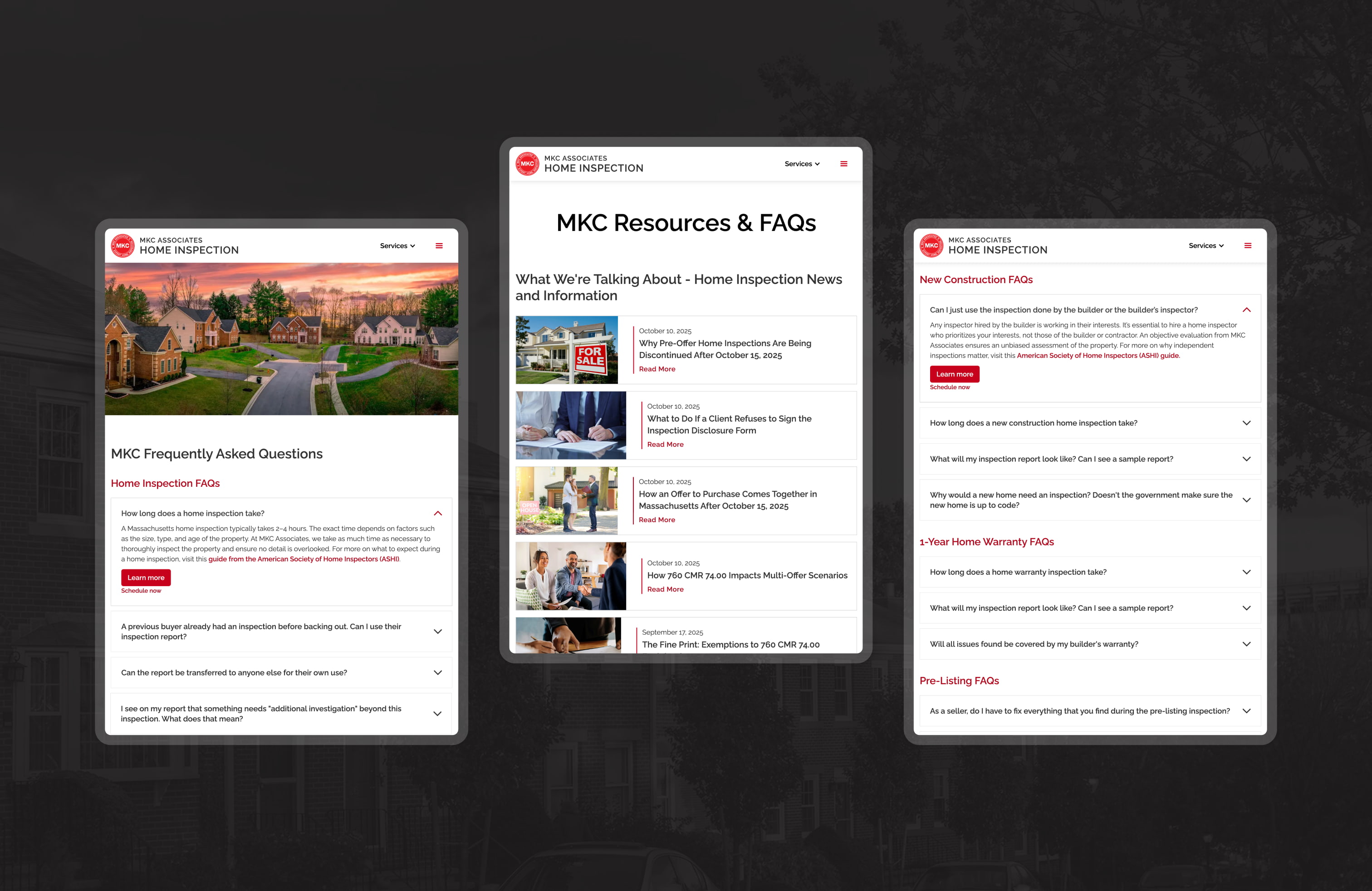 Three views of the MKC Resources & FAQ page, including FAQ drop-downs across each service offering and a collection of recent posts.