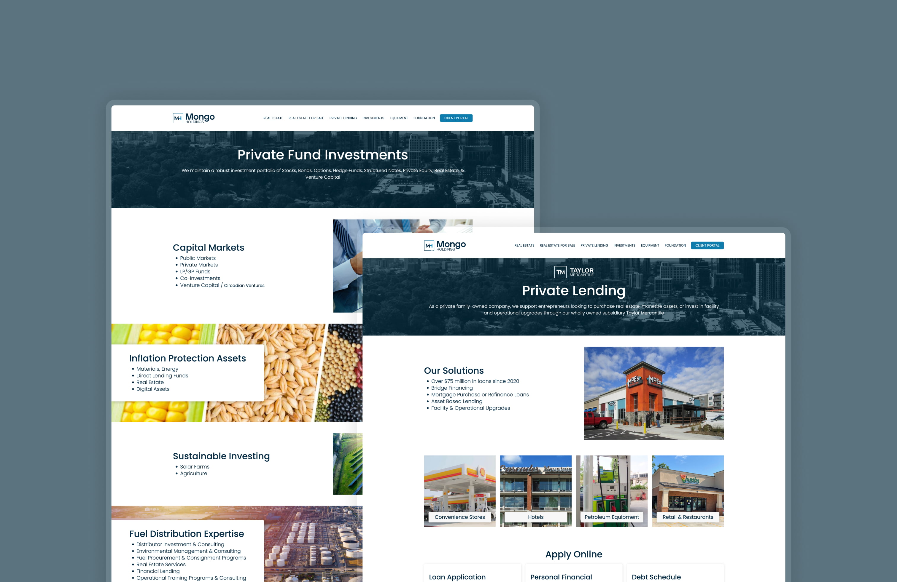 Mongo Holding's Private Funds Investments and Private Lending pages displayed together, showcasing a variety of content block styles.
