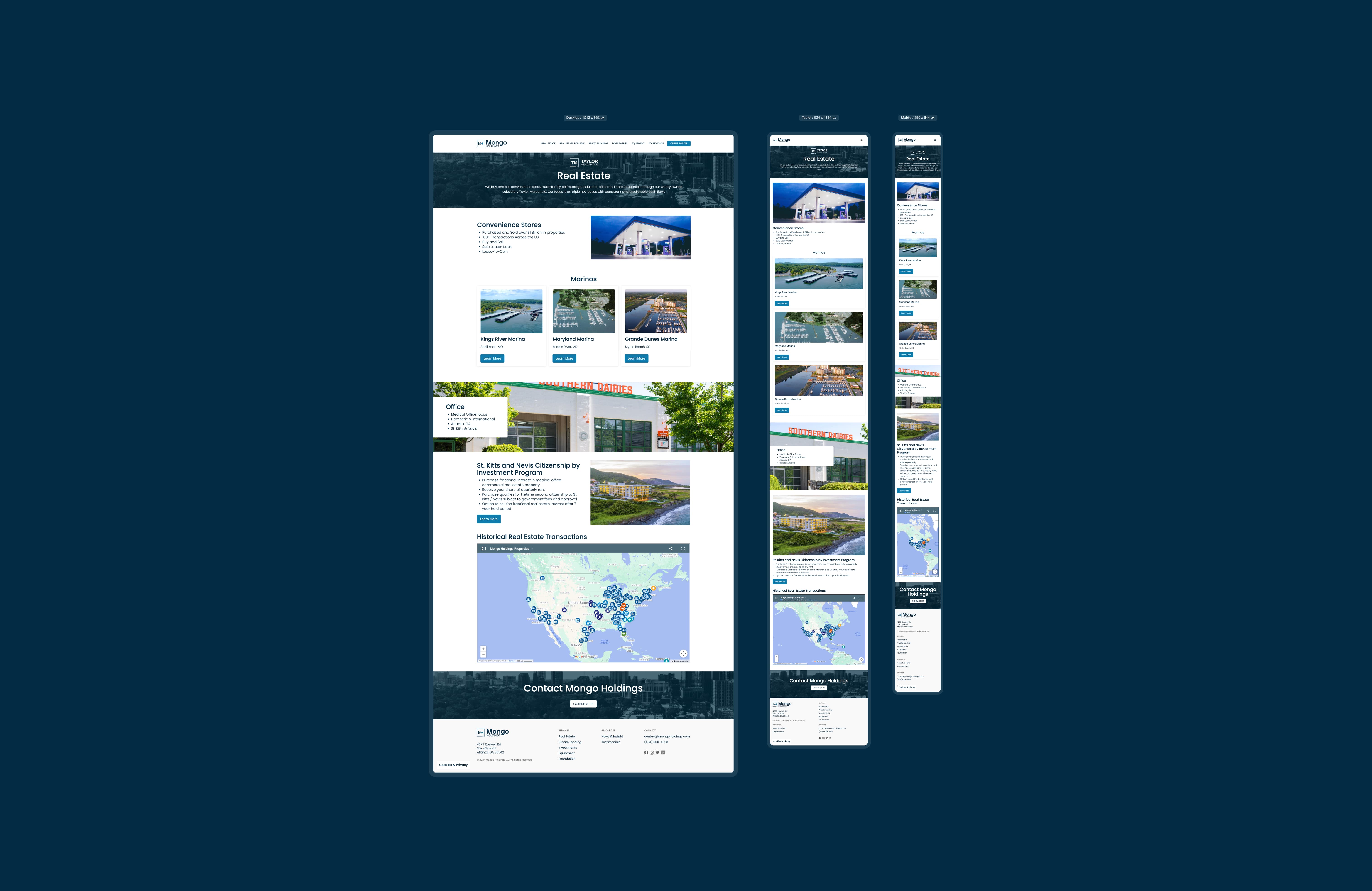 The Mongo Holding's Real Estate page shown across desktop, tablet, and mobile breakpoints.