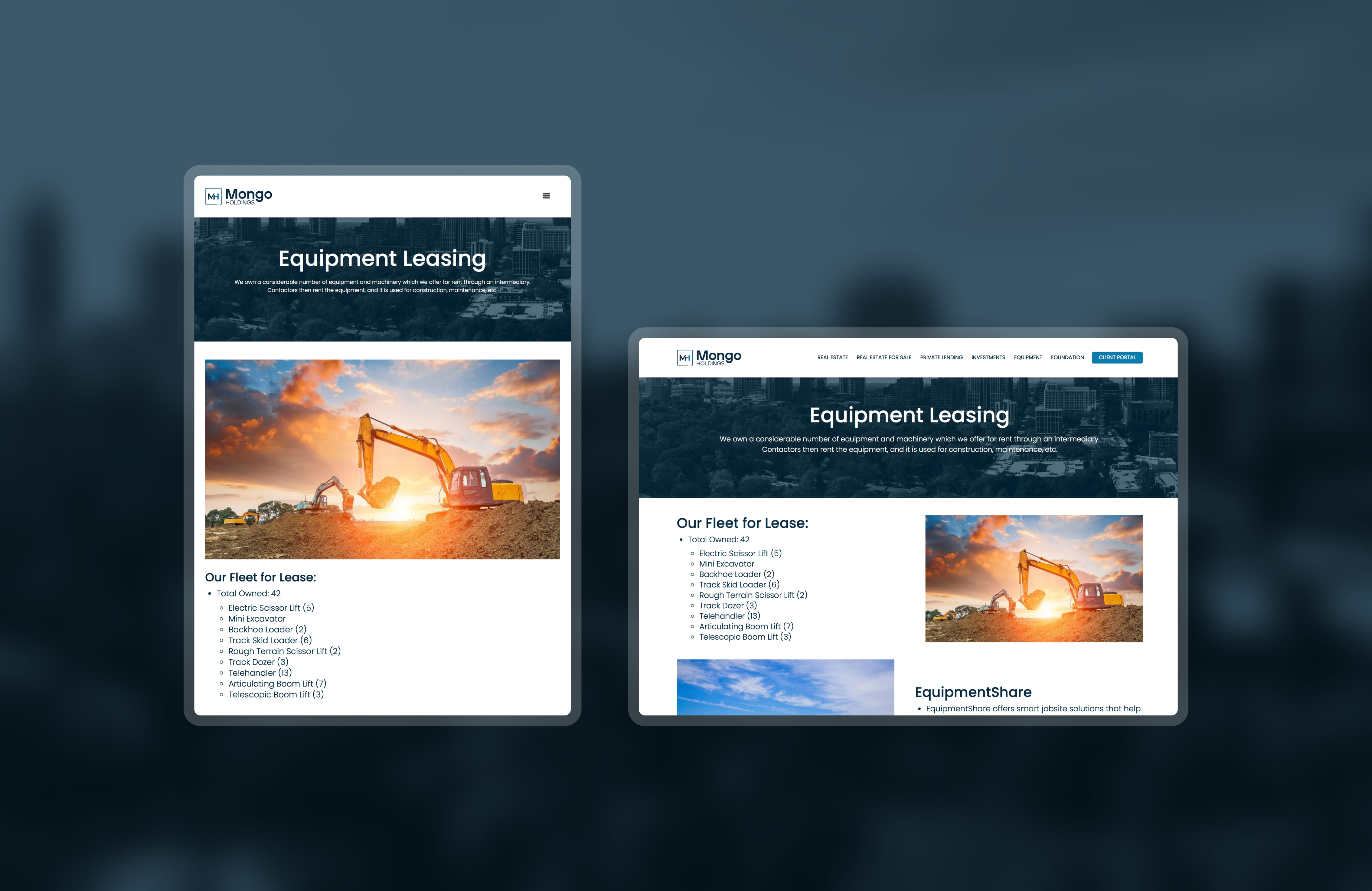 The Mongo Holding's Equipment Leasing page displayed in landscape and portrait tablet view, demonstrating content reflow across device orientation.