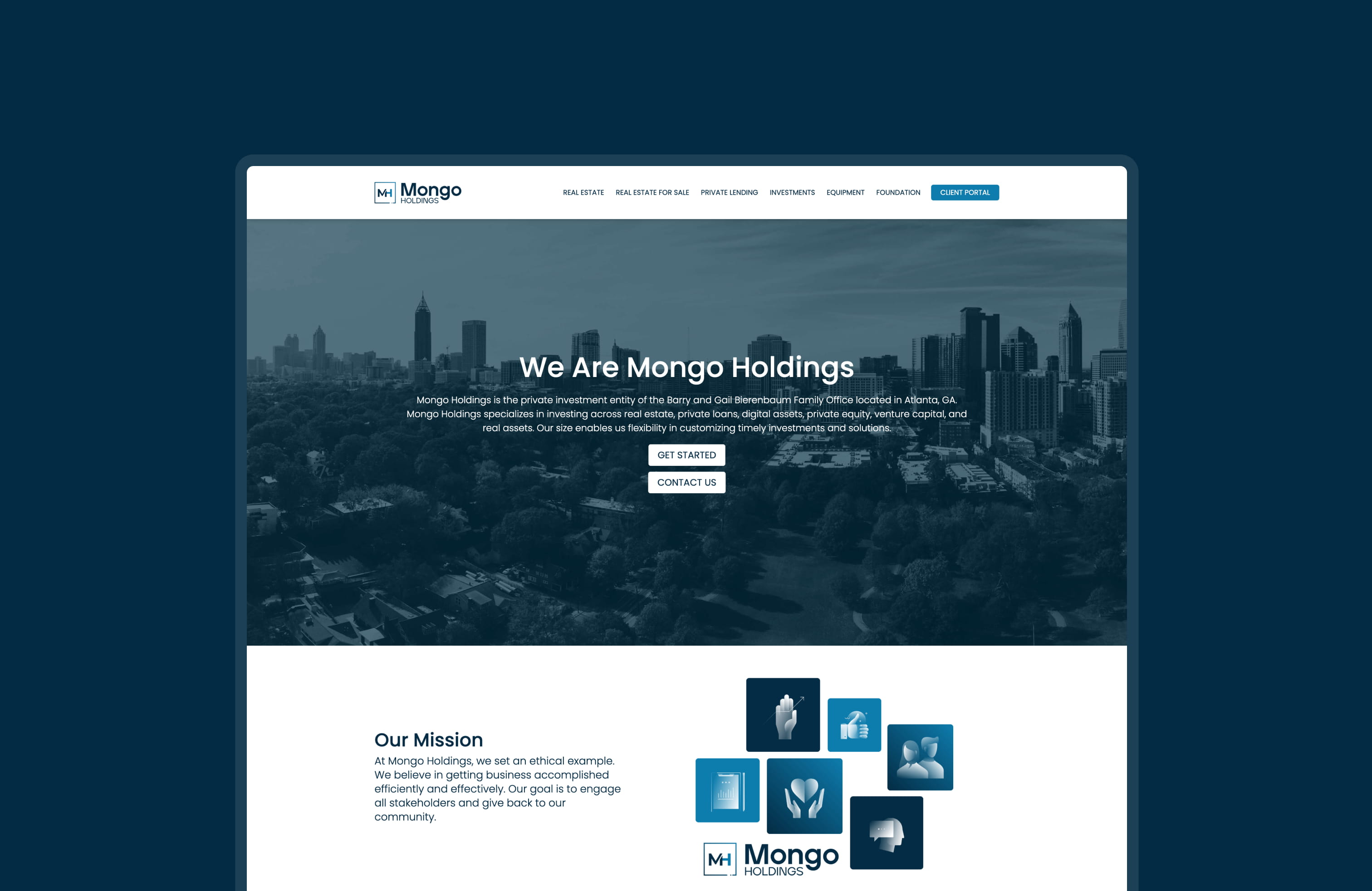 Homepage UI design for Mongo Holdings, a private investment site.