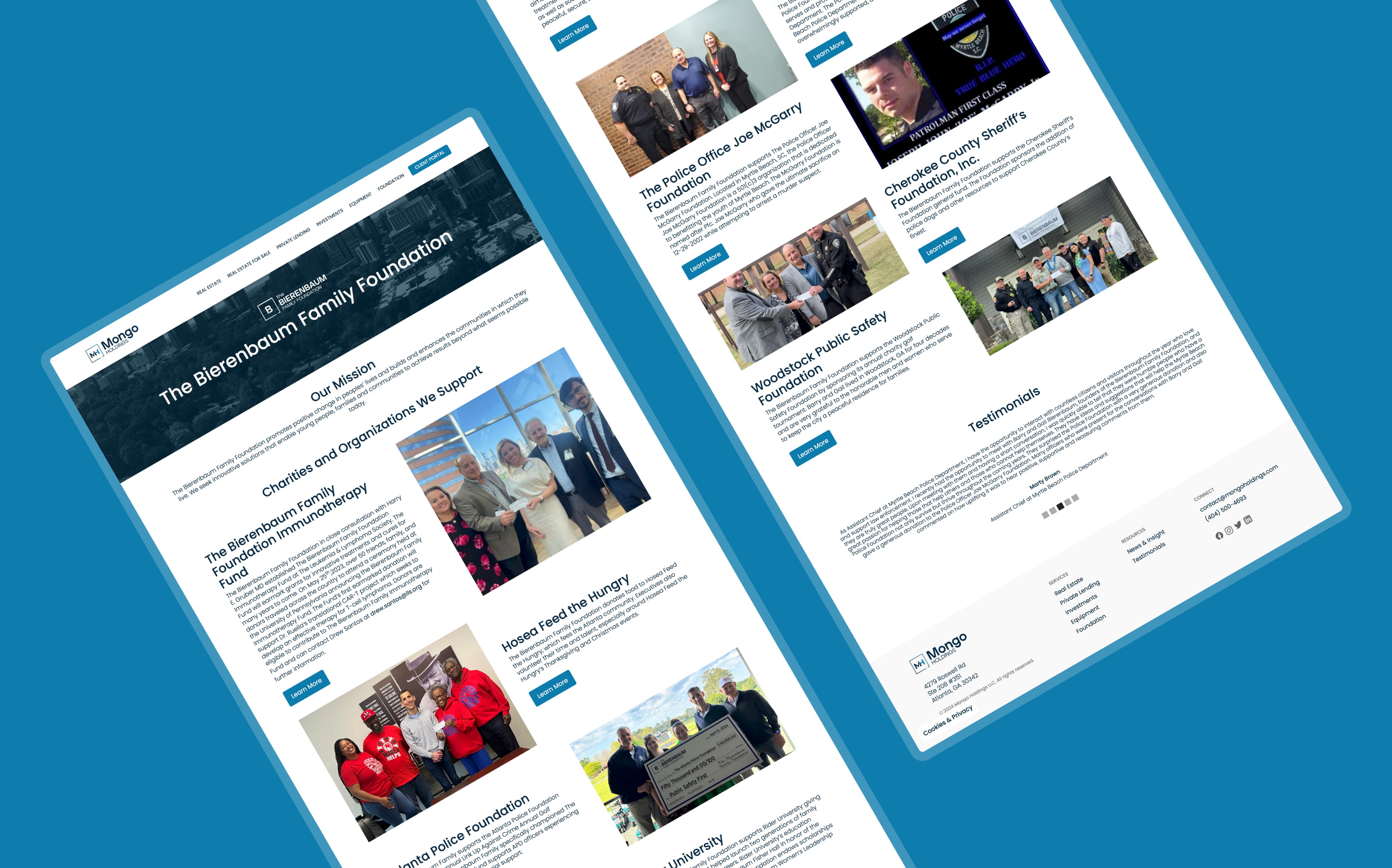The Bierenbaum Family Foundation page, displayed diagonally in two parts, showcasing navigation, footer, and content block elements.