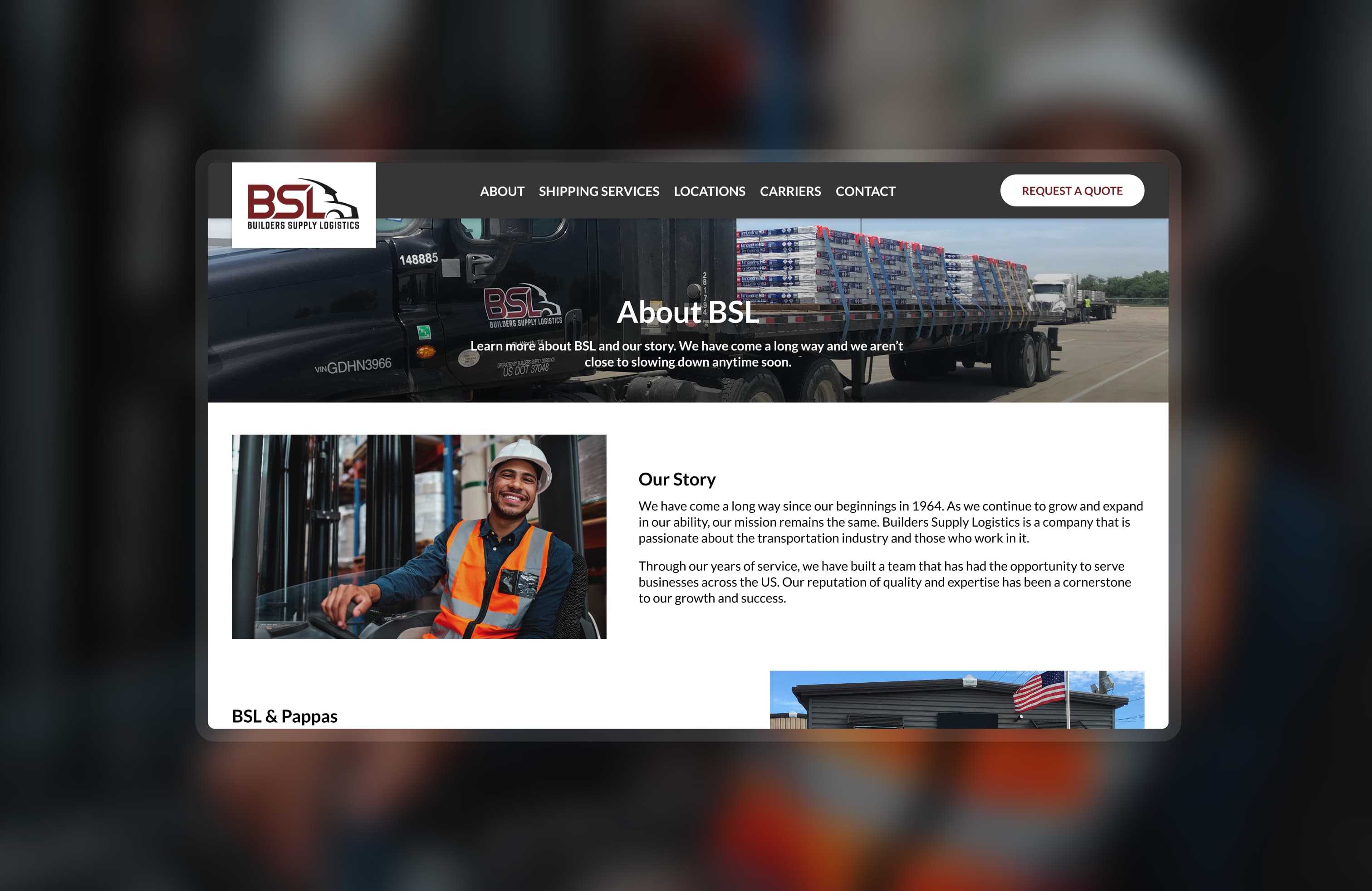 A snapshot of the BSL About page hero section.
